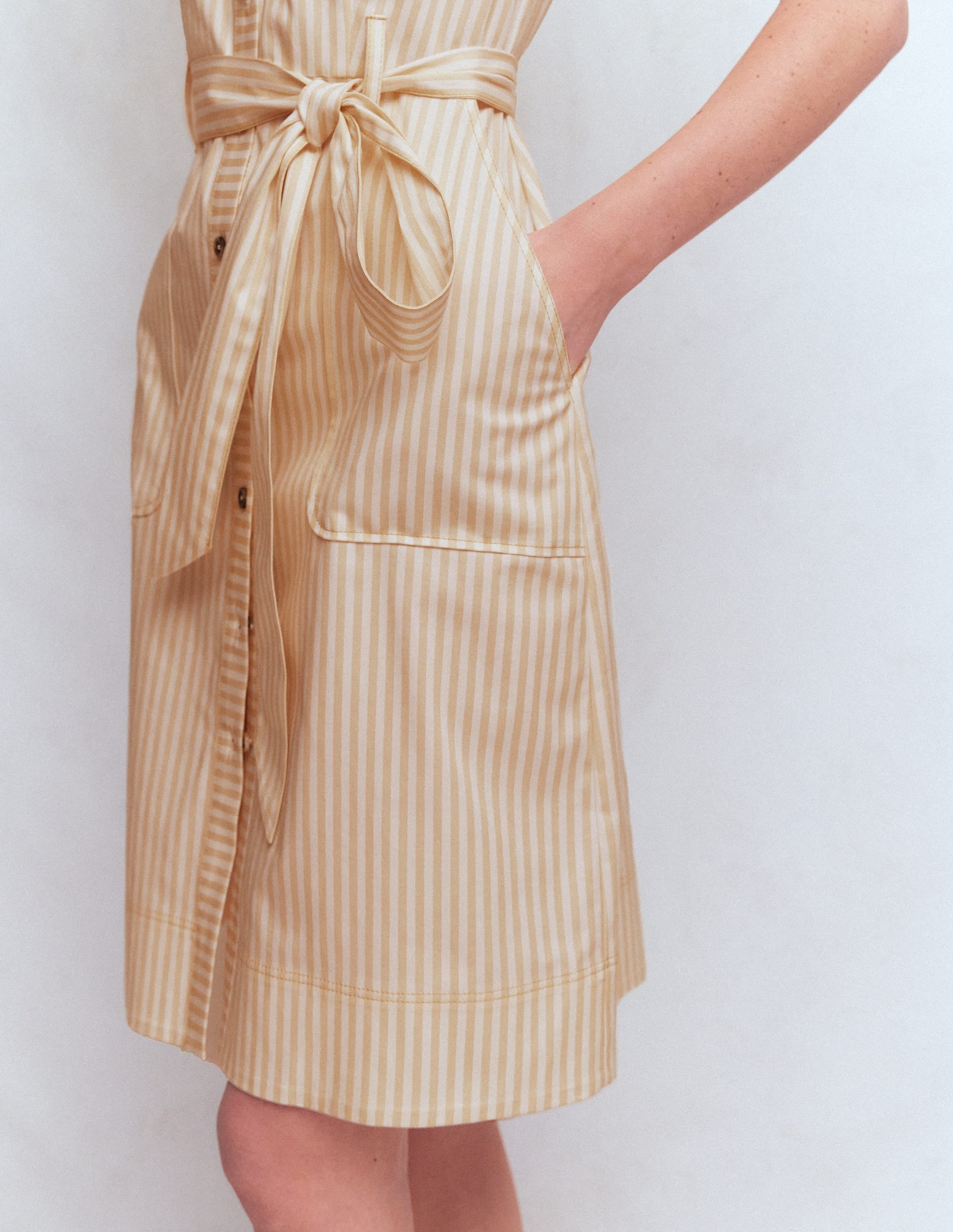 Short Belted Shirt Dress-Brown, Ivory Ticking Stripe - Image 3