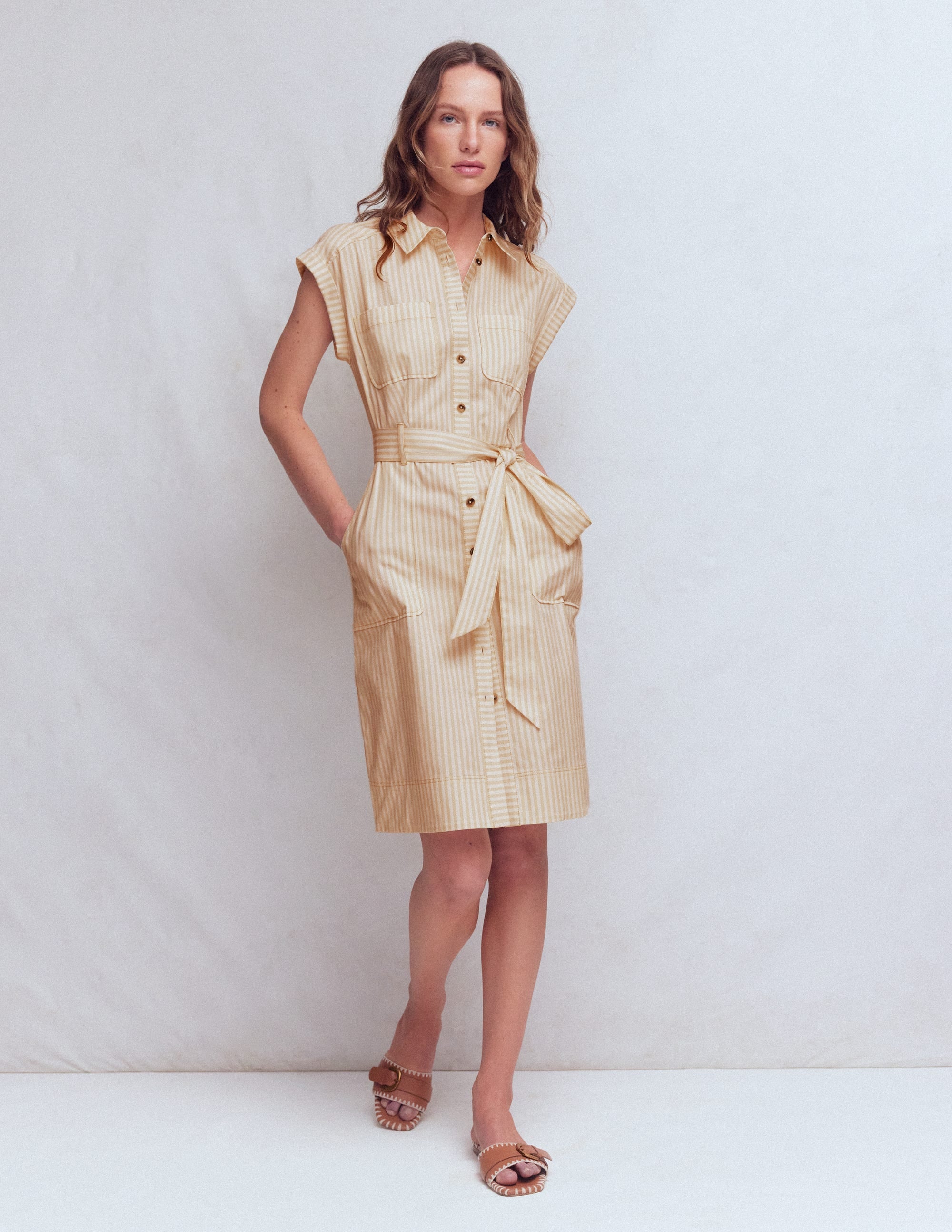 Short Belted Shirt Dress-Brown, Ivory Ticking Stripe - Image 4