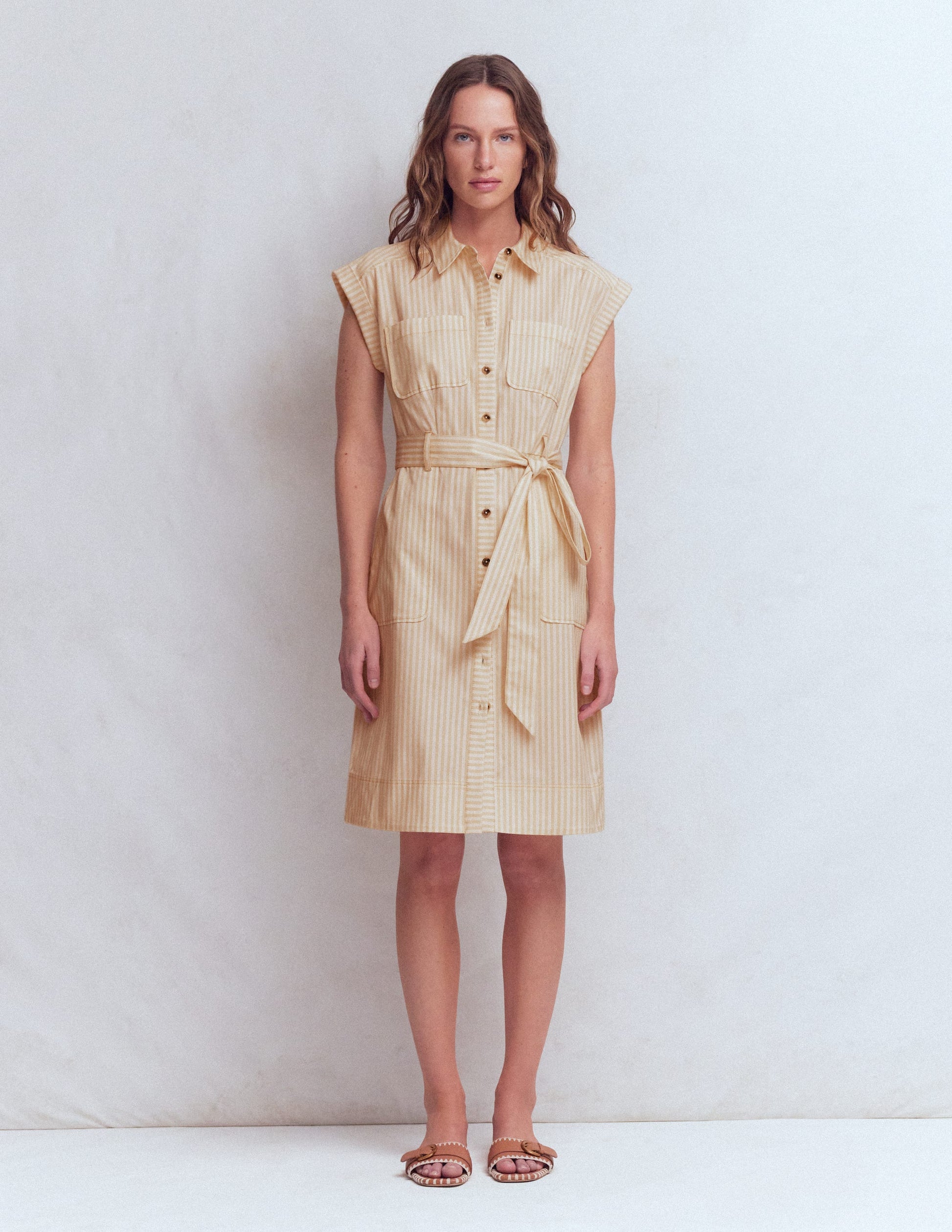 Short Belted Shirt Dress-Brown, Ivory Ticking Stripe-5