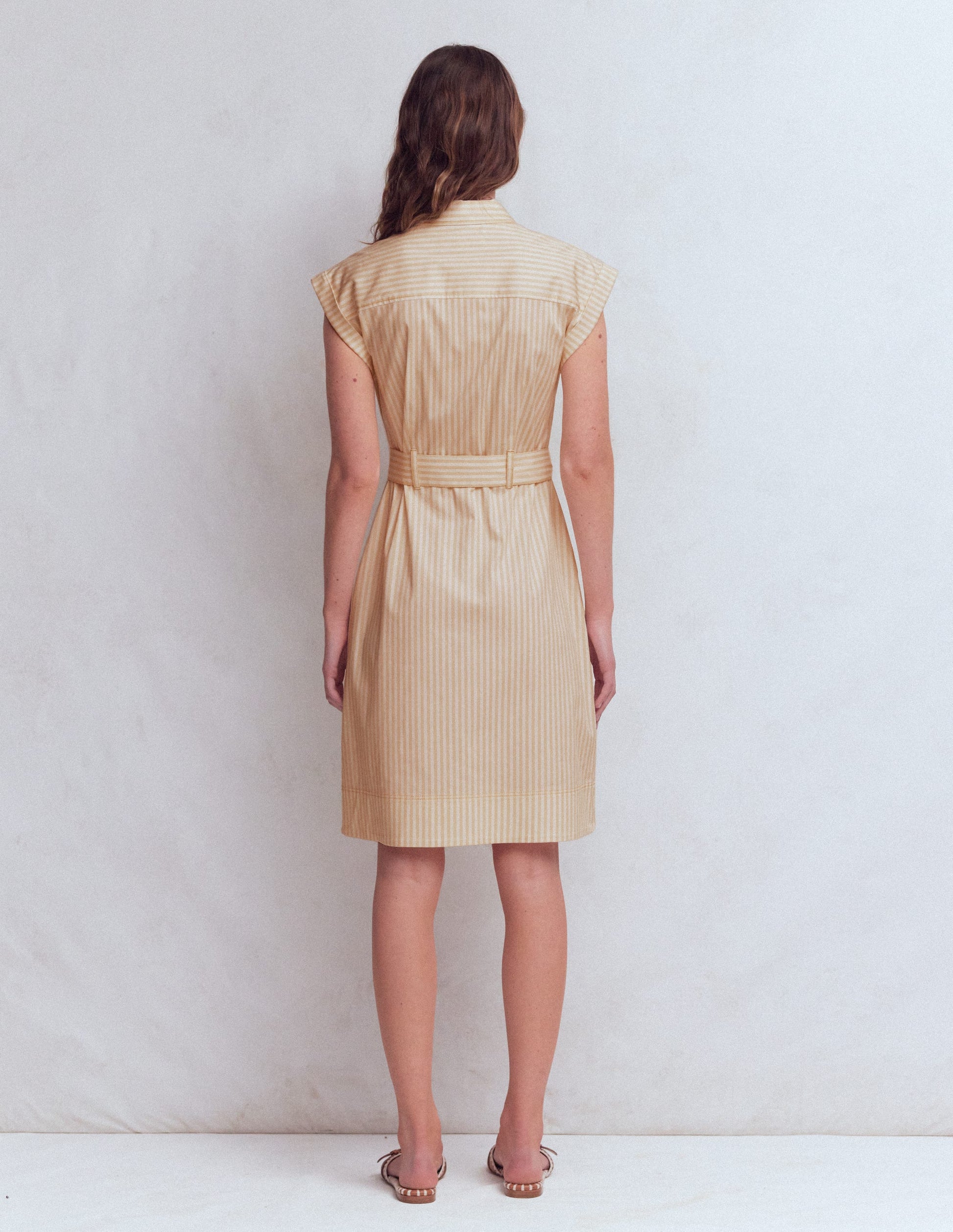 Short Belted Shirt Dress-Brown, Ivory Ticking Stripe-6