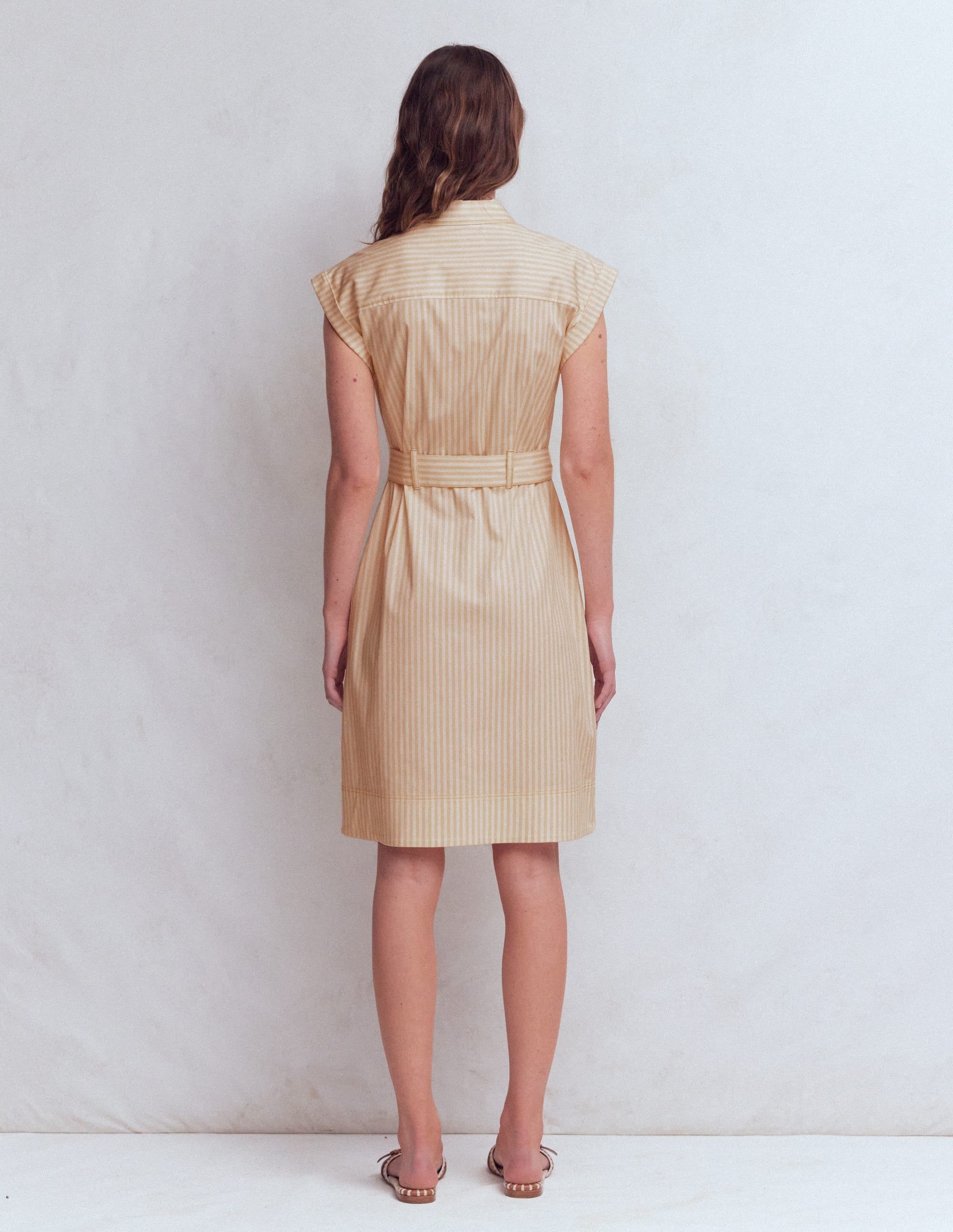 Short Belted Shirt Dress-Brown, Ivory Ticking Stripe - Image 6