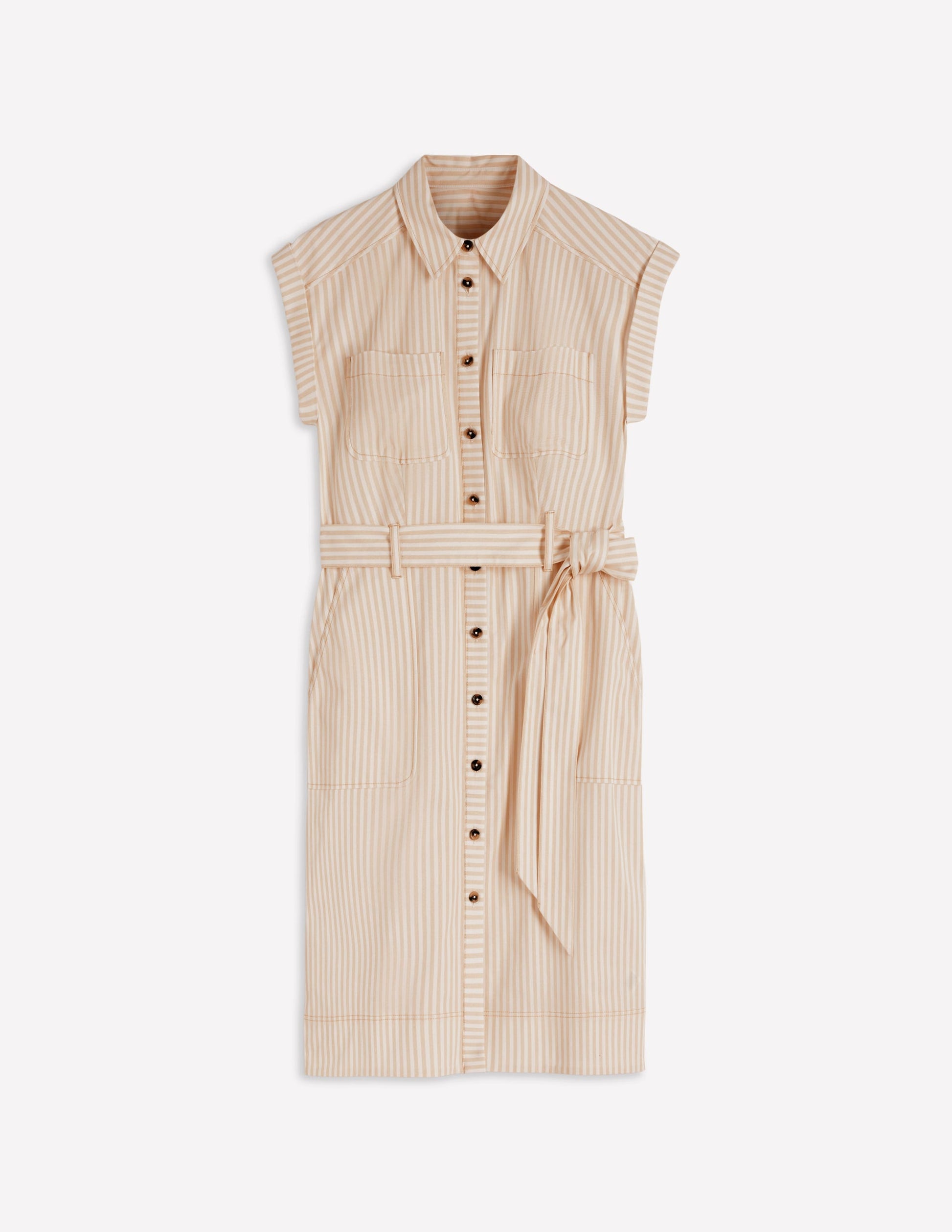 Short Belted Shirt Dress-Brown, Ivory Ticking Stripe-7