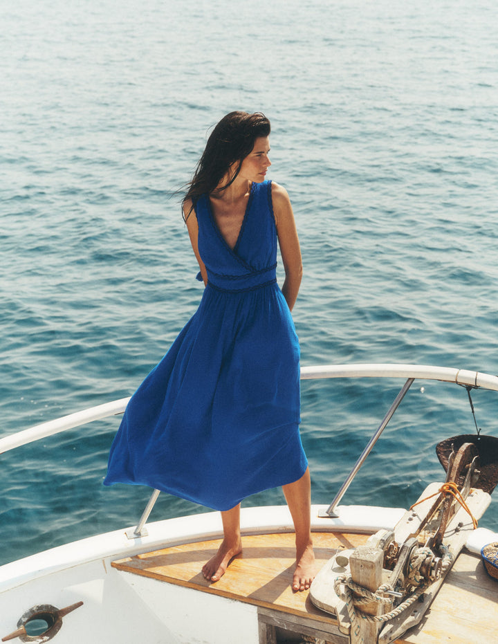 Lorna Trim Double Cloth Dress-Bright Blue