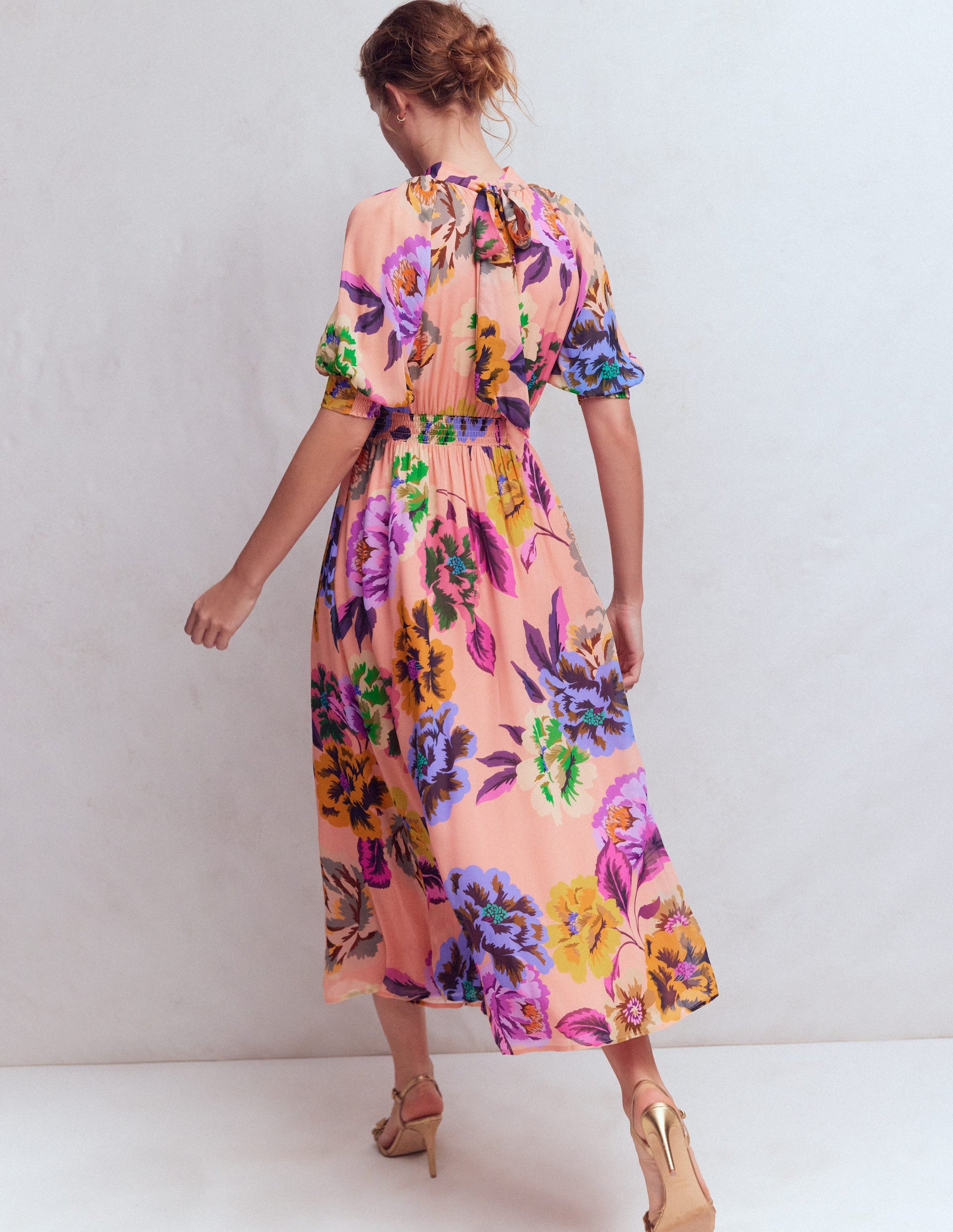 High Neck Blouson Sleeve Dress-Multi Opulent Blossom-3
