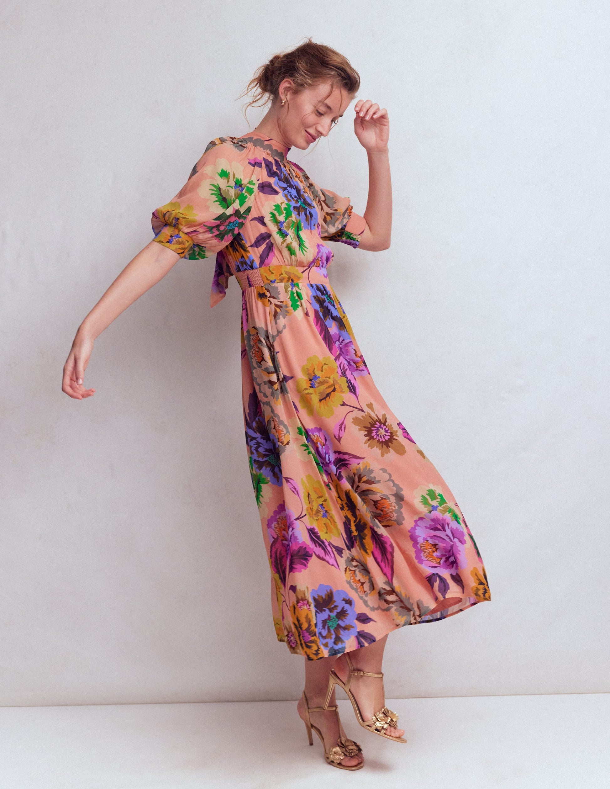 High Neck Blouson Sleeve Dress-Multi Opulent Blossom-5