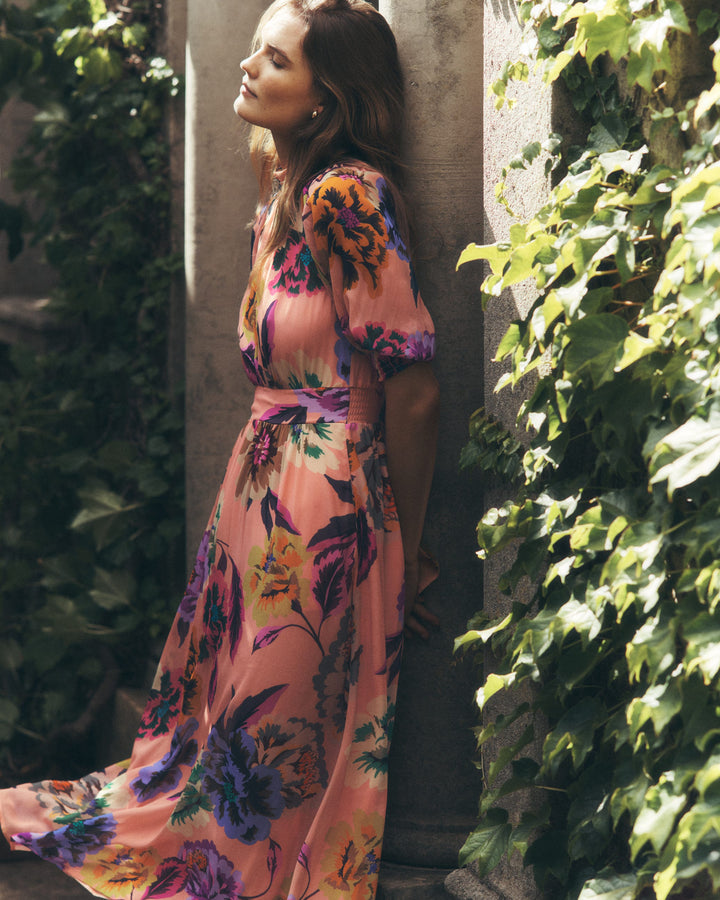 High Neck Blouson Sleeve Dress-Multi Opulent Blossom