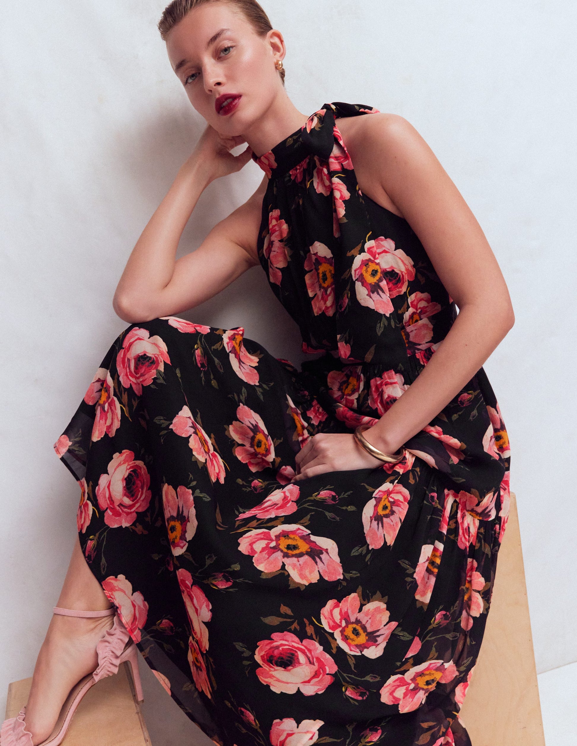 Roisin Tie Neck Maxi Dress-Black Whimsical Roses-1
