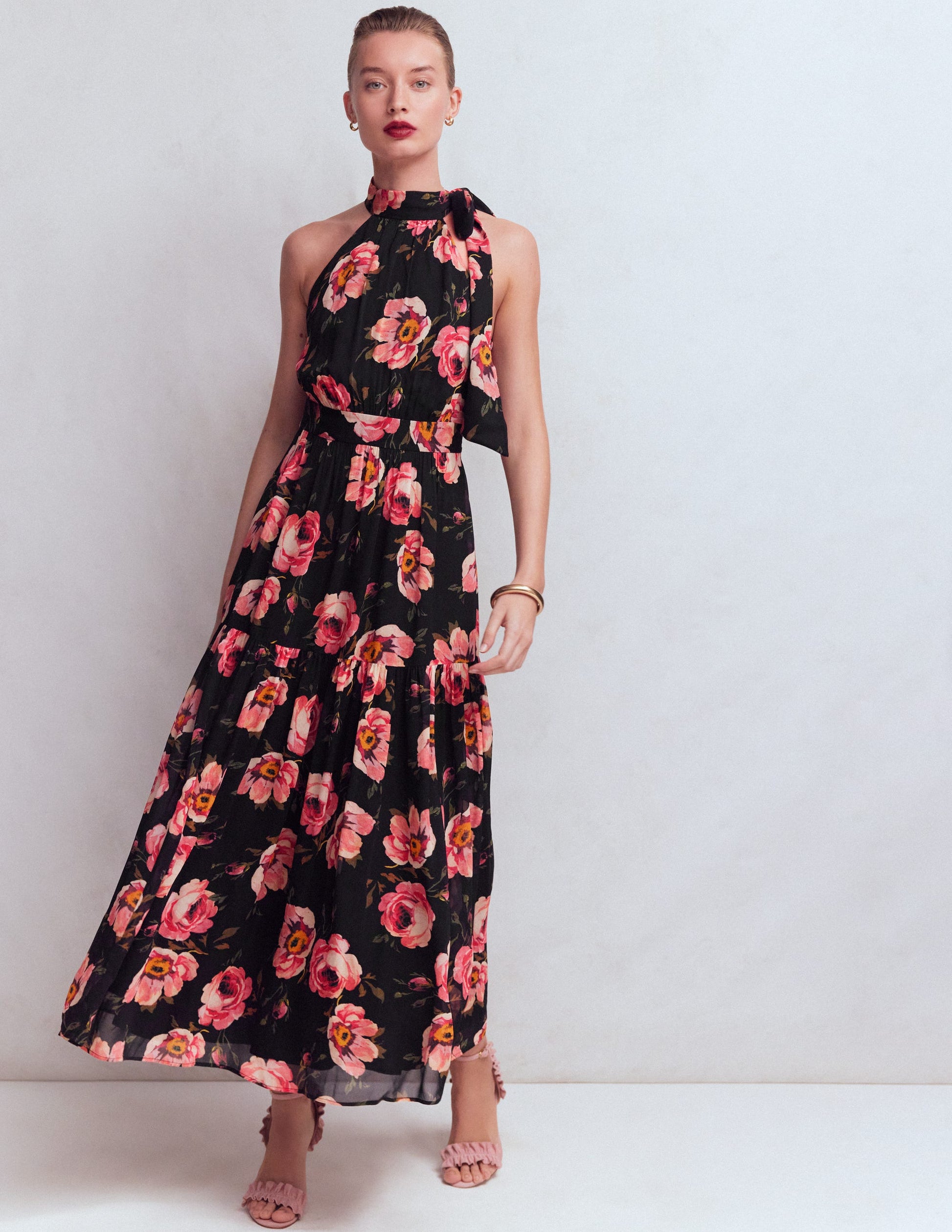 Roisin Tie Neck Maxi Dress-Black Whimsical Roses-4
