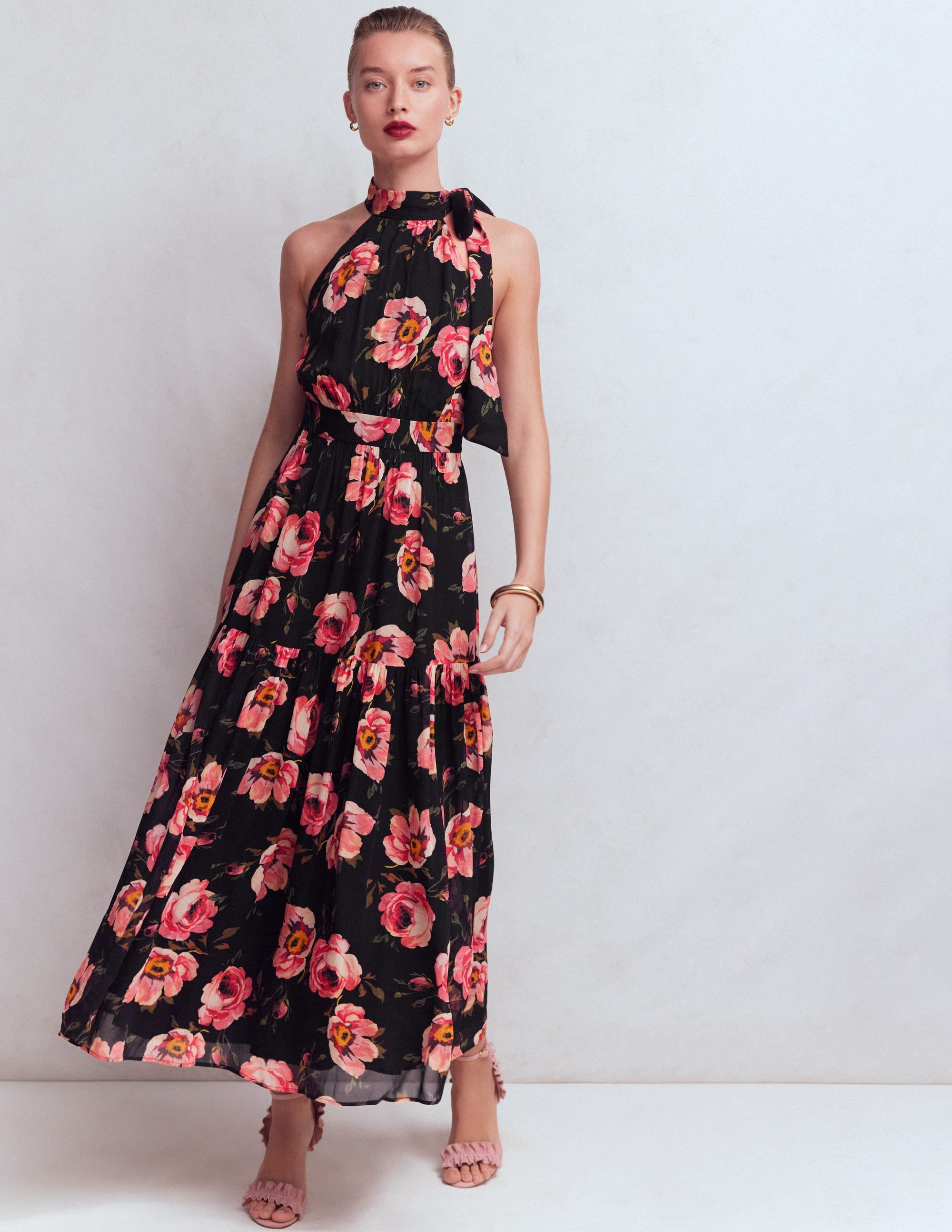 Roisin Tie Neck Maxi Dress-Black Whimsical Roses - Image 4