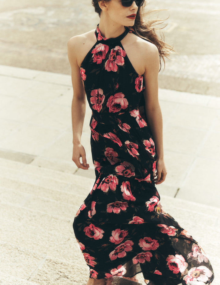 Roisin Tie Neck Maxi Dress-Black Whimsical Roses
