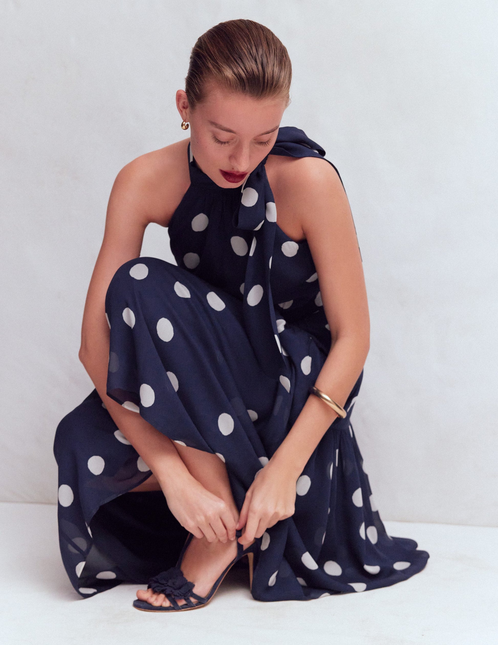 Roisin Tie Neck Maxi Dress-Navy Painted Dot Spaced-1