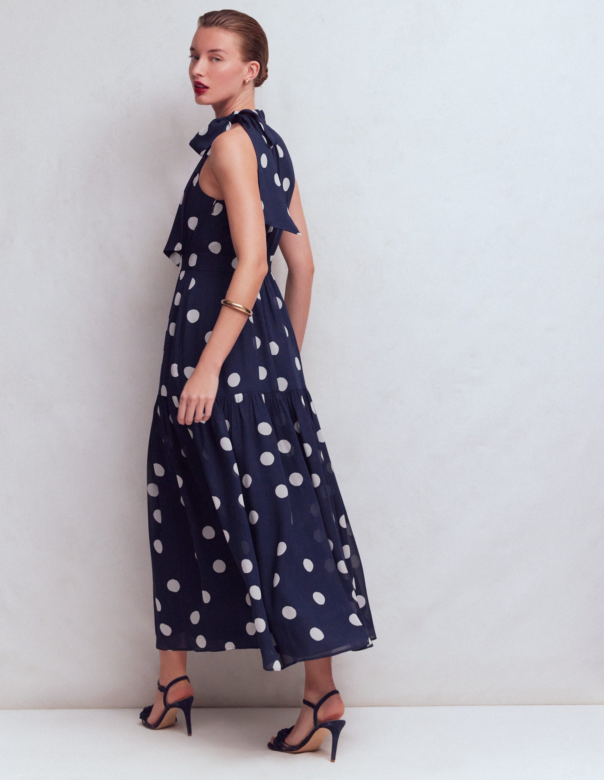 Roisin Tie Neck Maxi Dress-Navy Painted Dot Spaced-2