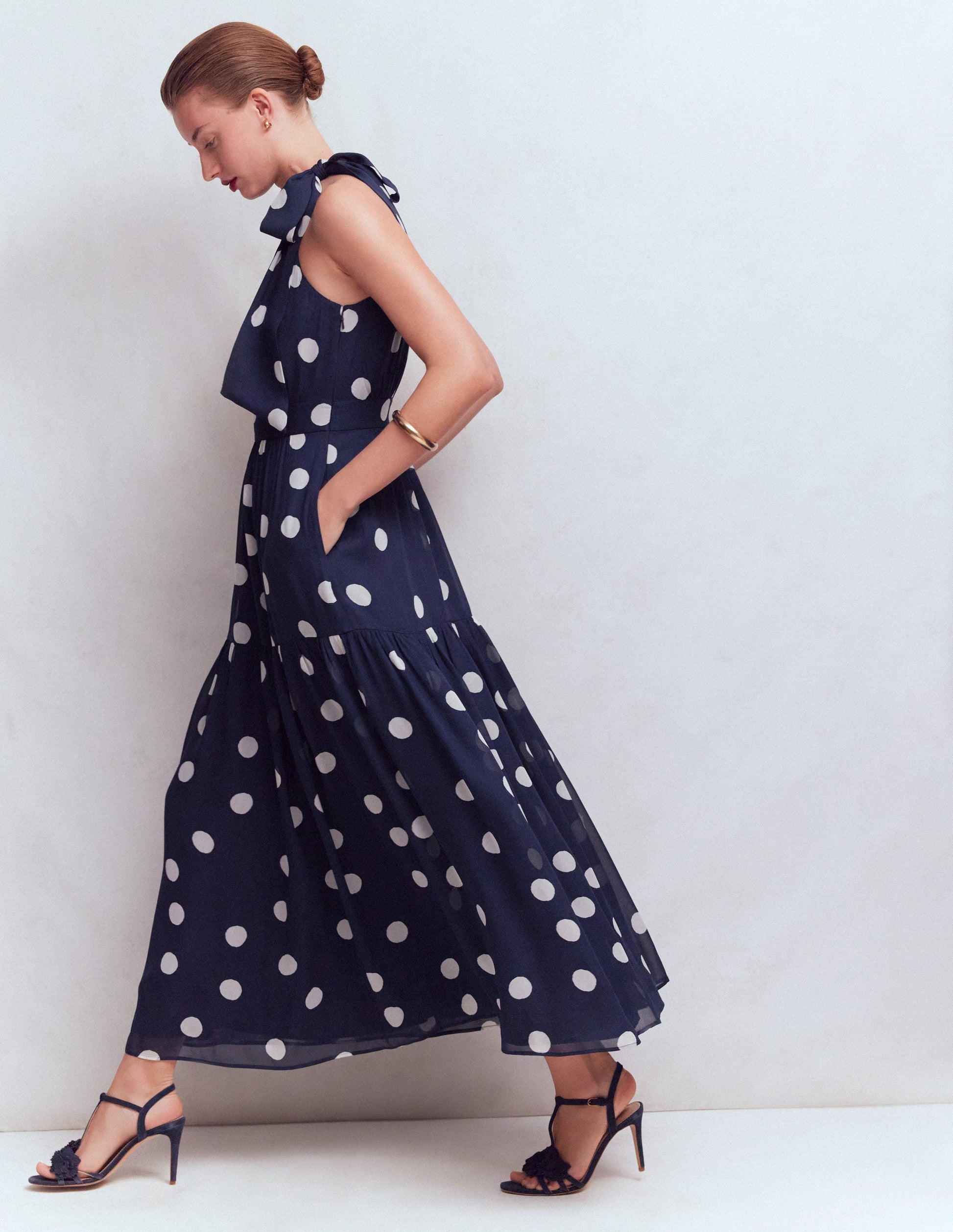 Roisin Tie Neck Maxi Dress-Navy Painted Dot Spaced-3