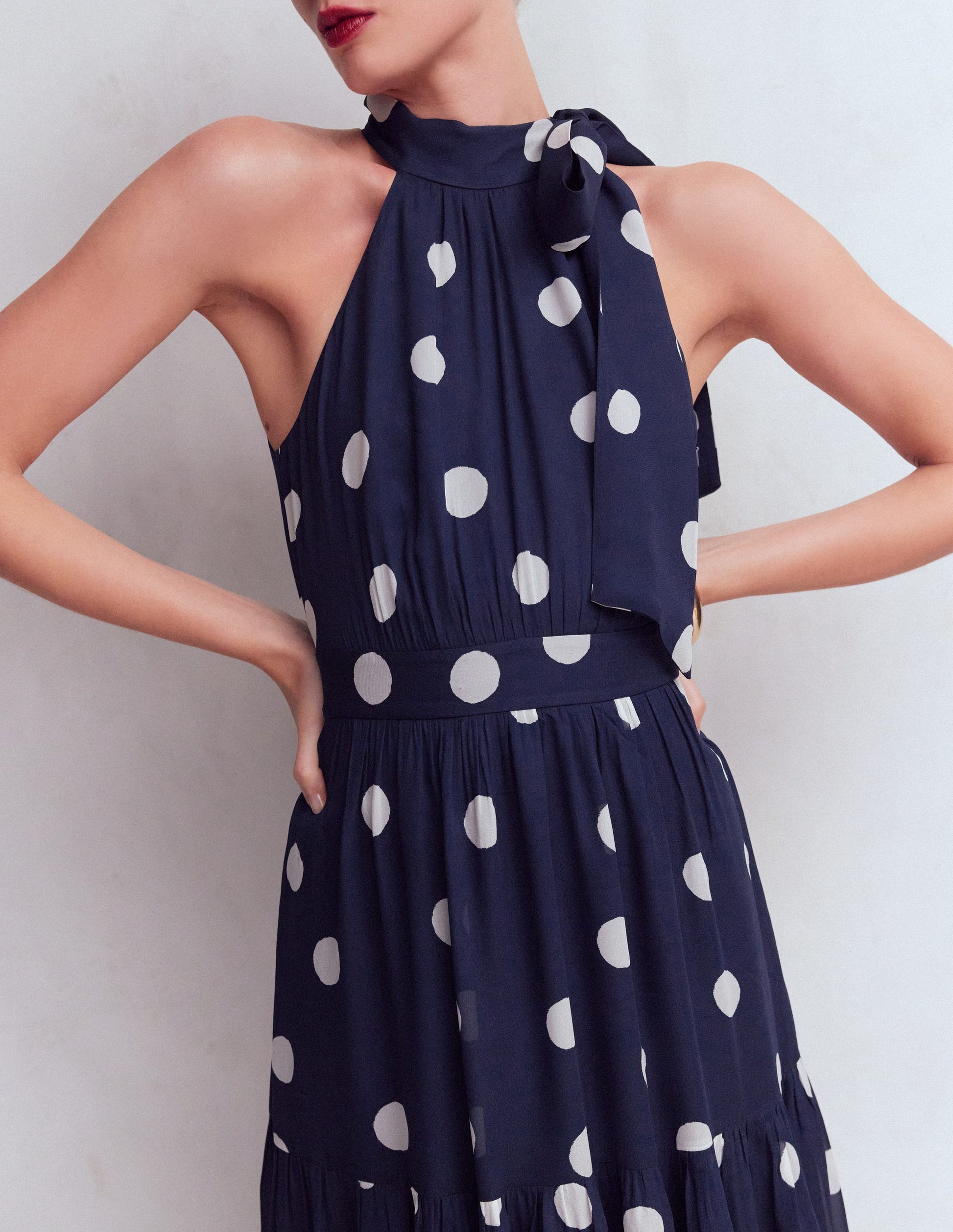Roisin Tie Neck Maxi Dress-Navy Painted Dot Spaced-4