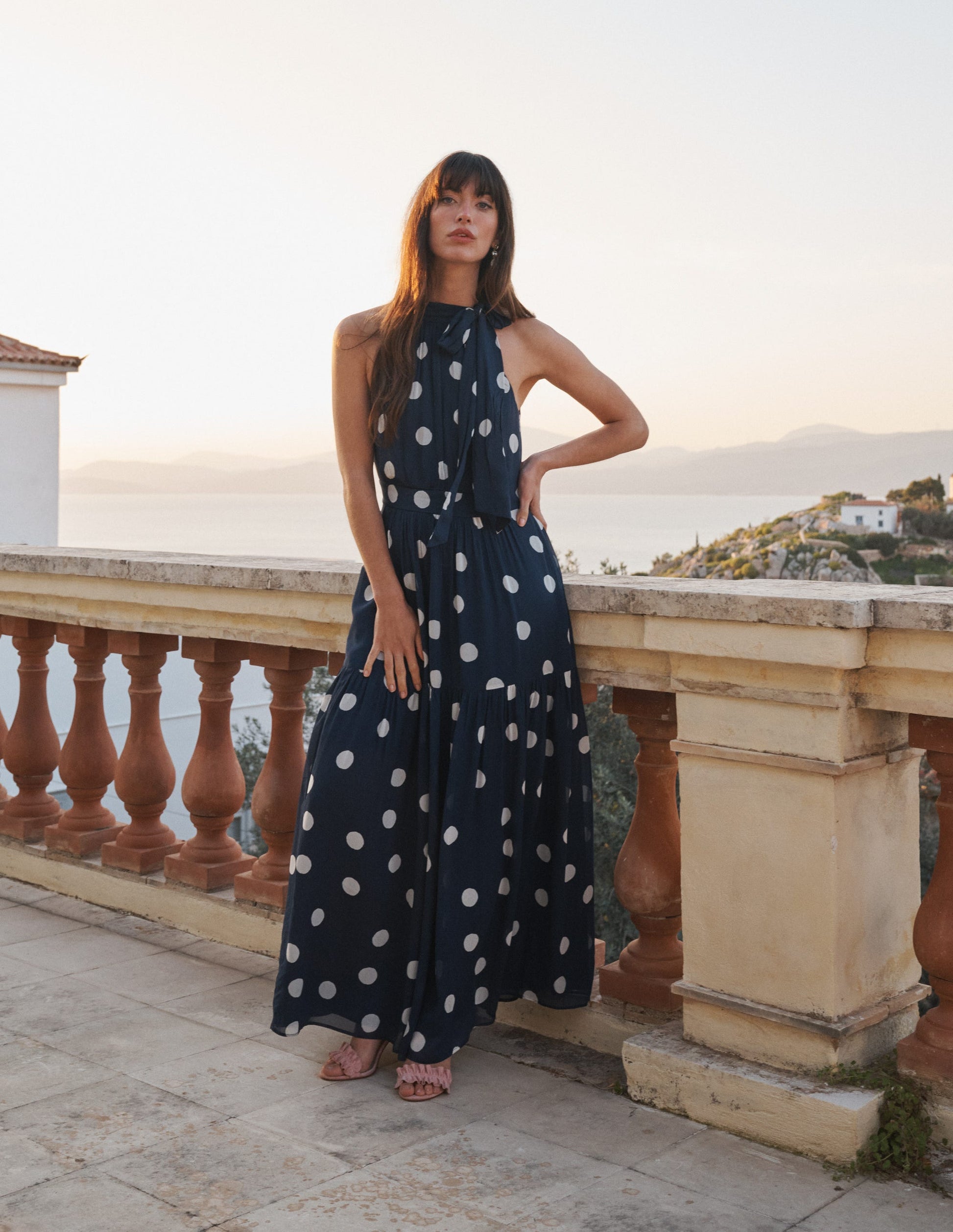 Roisin Tie Neck Maxi Dress-Navy Painted Dot Spaced-5
