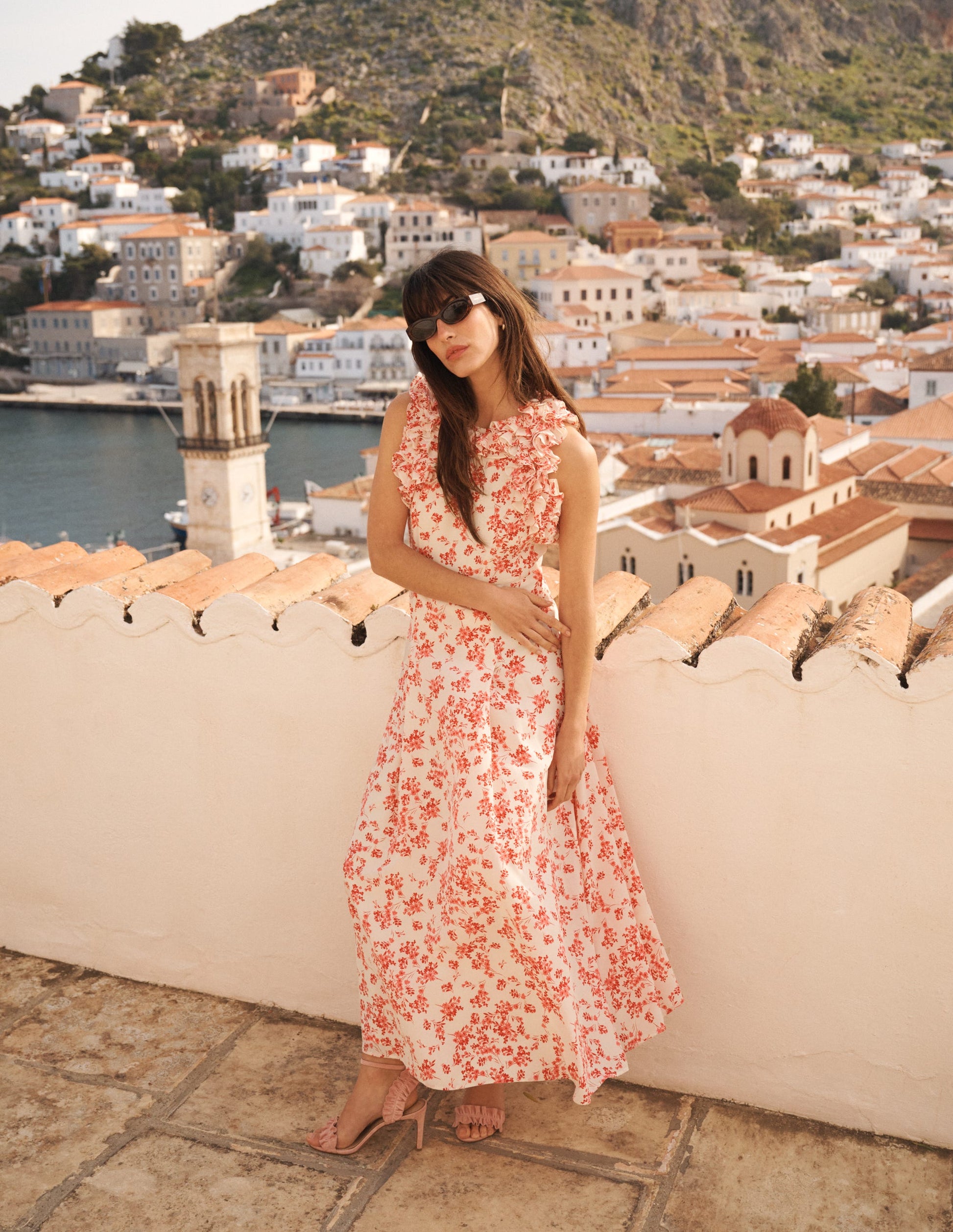 white christmas dresses Ruffle Silk Midi Dress-Pink Bloom Scatter Mono