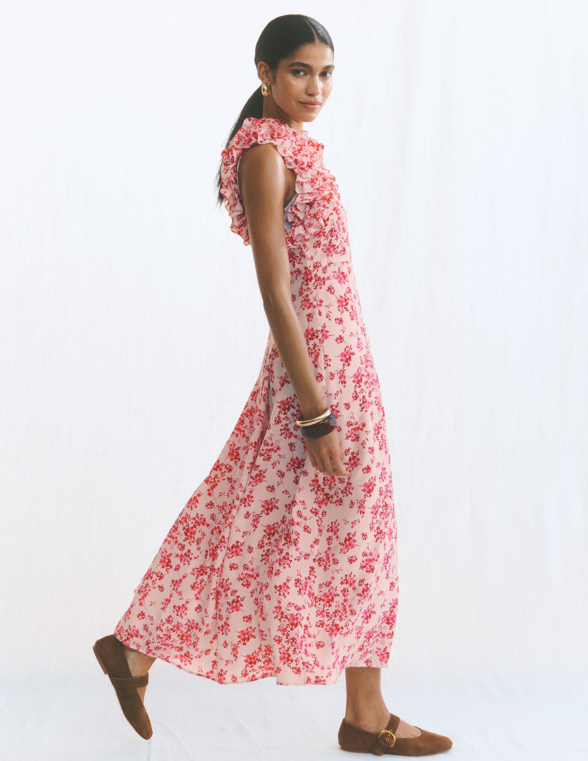 Ruffle Silk Midi Dress-Pink Bloom Scatter Mono-8