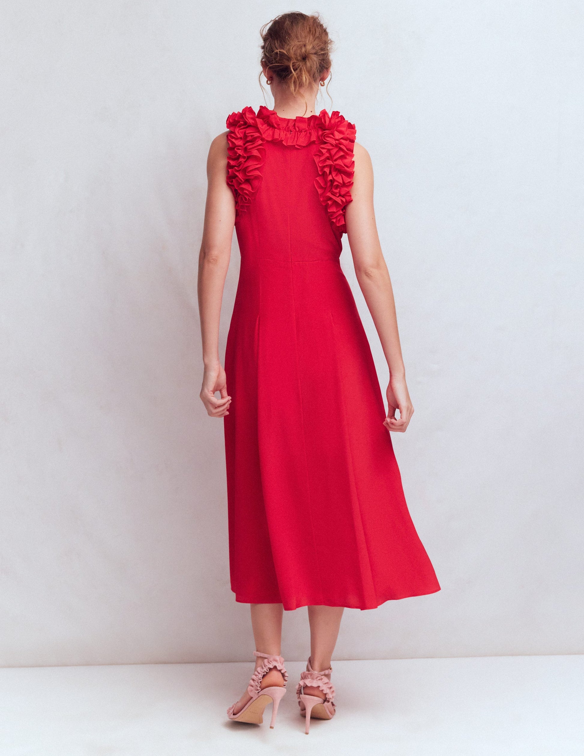 Ruffle Silk Midi Dress-Red-3