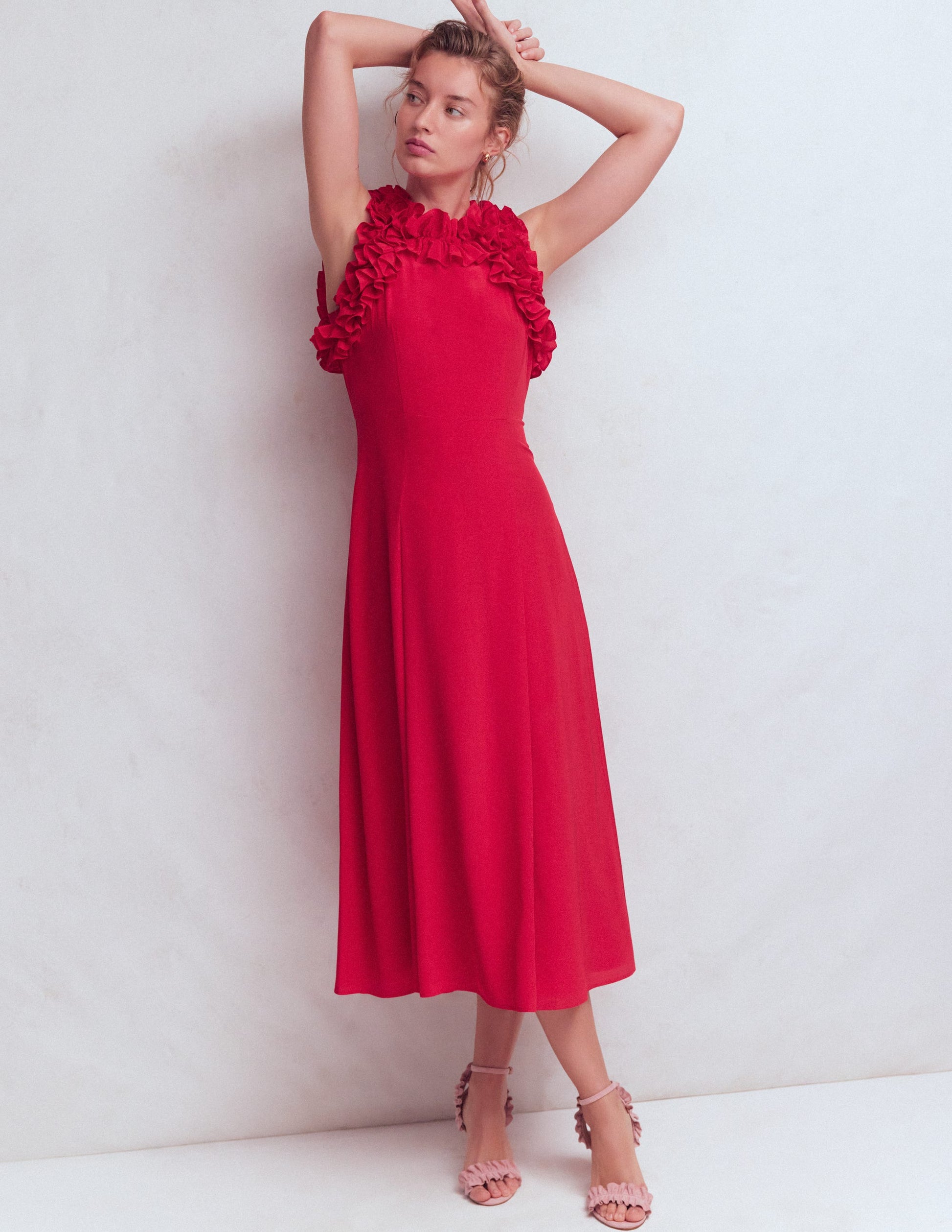 Ruffle Silk Midi Dress-Red-4