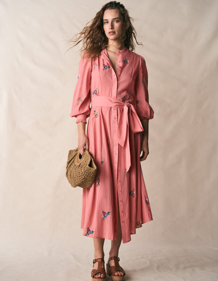 Embroidered Shirt Dress-Pink Embroidery