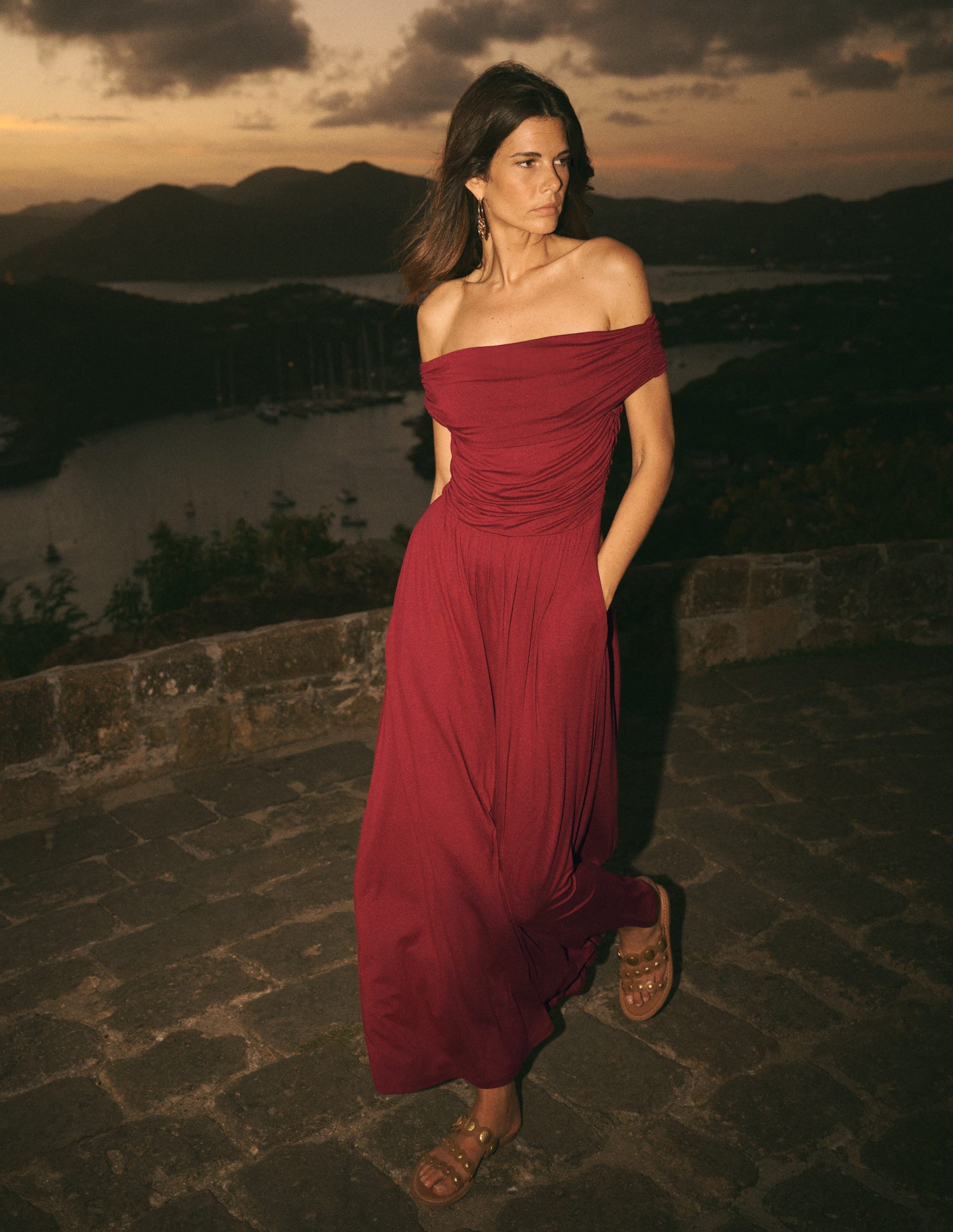Ruched Bardot Jersey Dress-Burgundy | Boden UK Ruched Bardot Jersey Dress-Burgundy | Boden UK