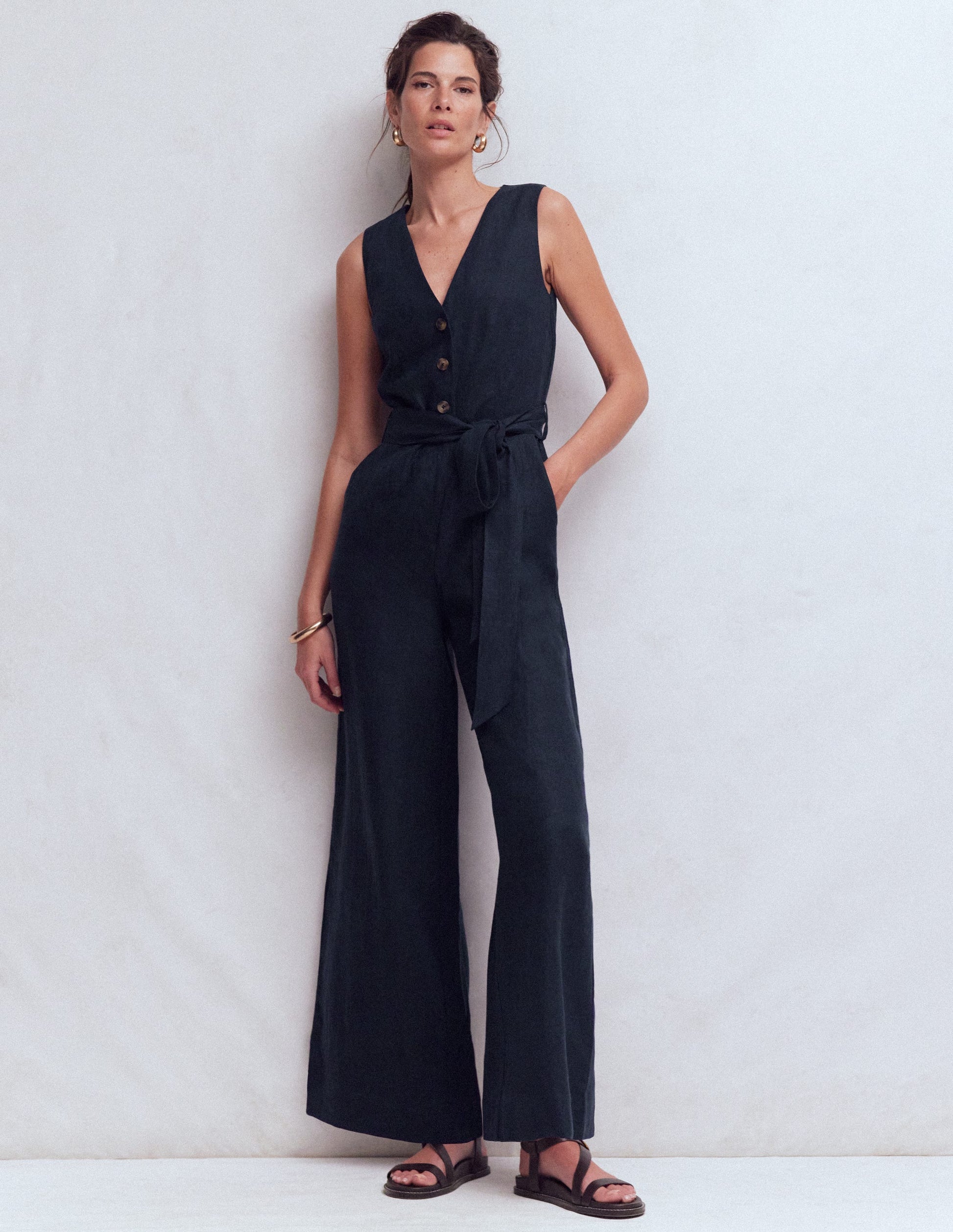 Laura V-neck Linen Jumpsuit-Navy-1