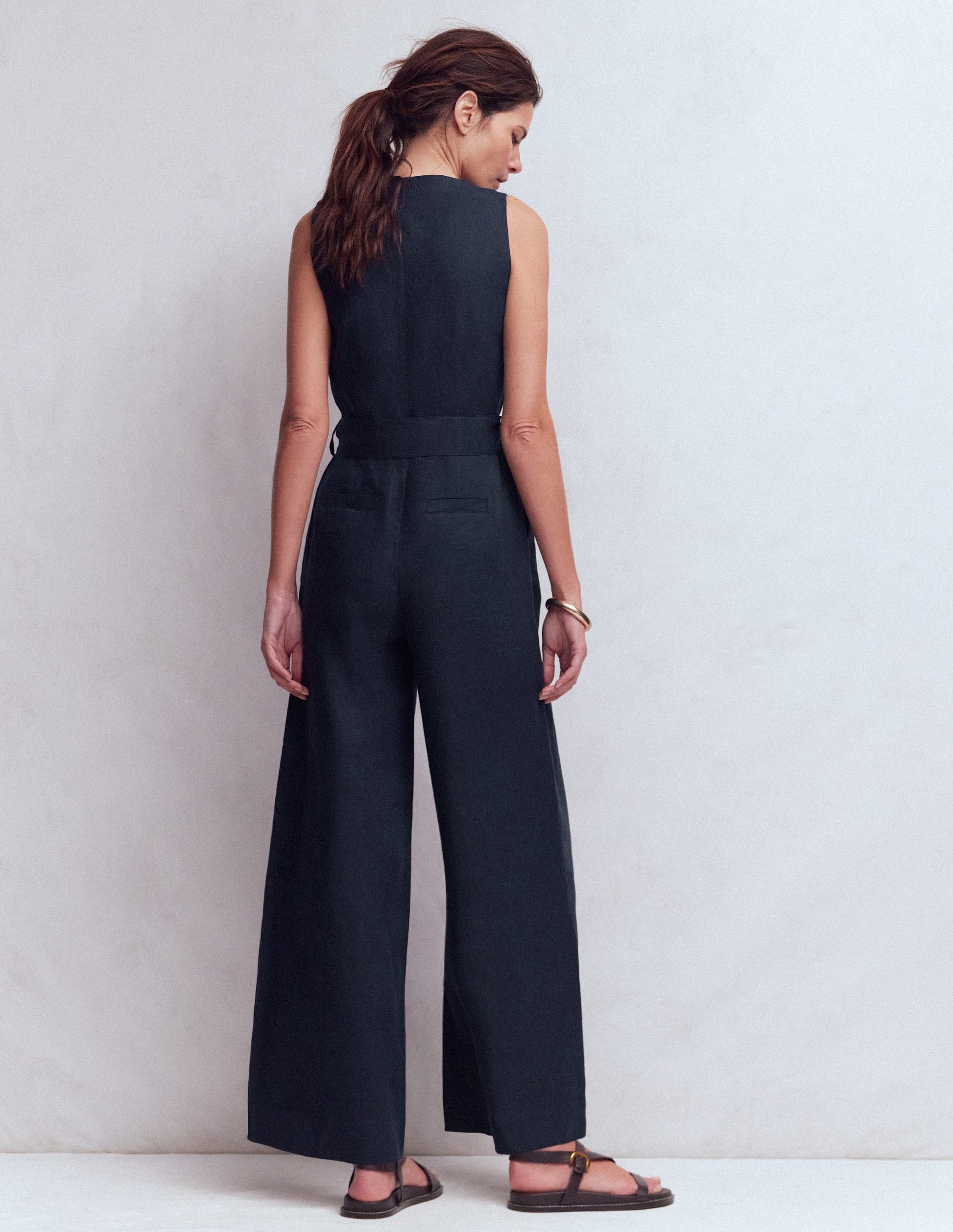 Laura V-neck Linen Jumpsuit-Navy-3