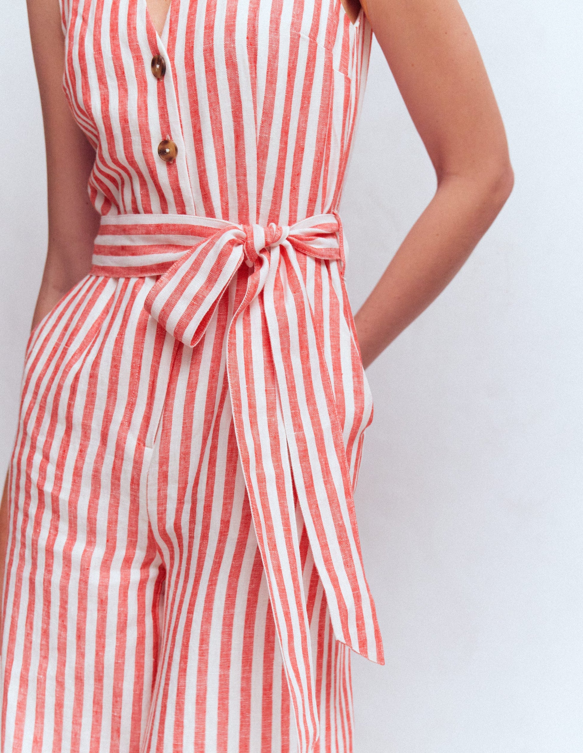 Laura V-neck Linen Jumpsuit-Red, Ivory Stripe-2