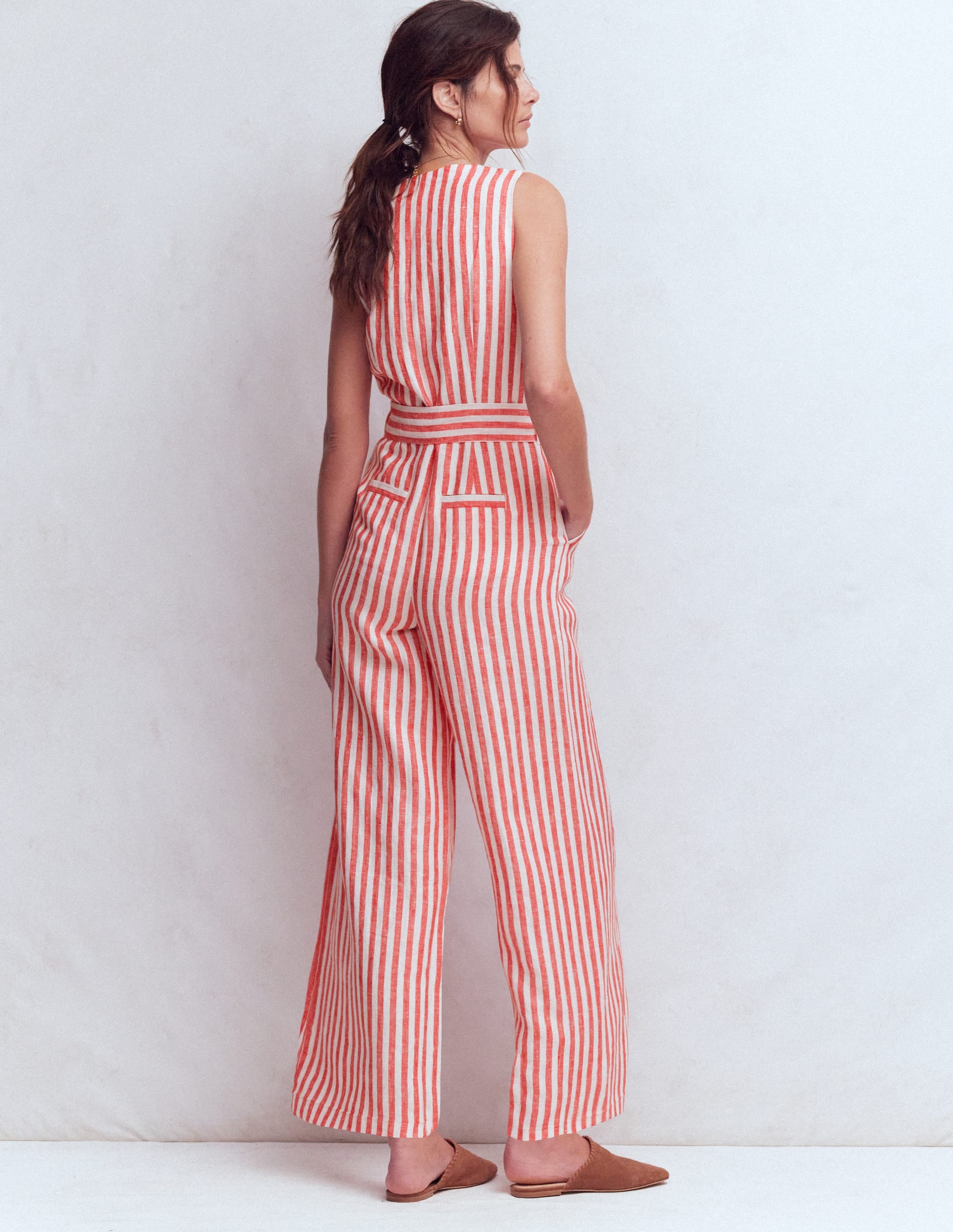 Laura V-neck Linen Jumpsuit-Red, Ivory Stripe - Image 3