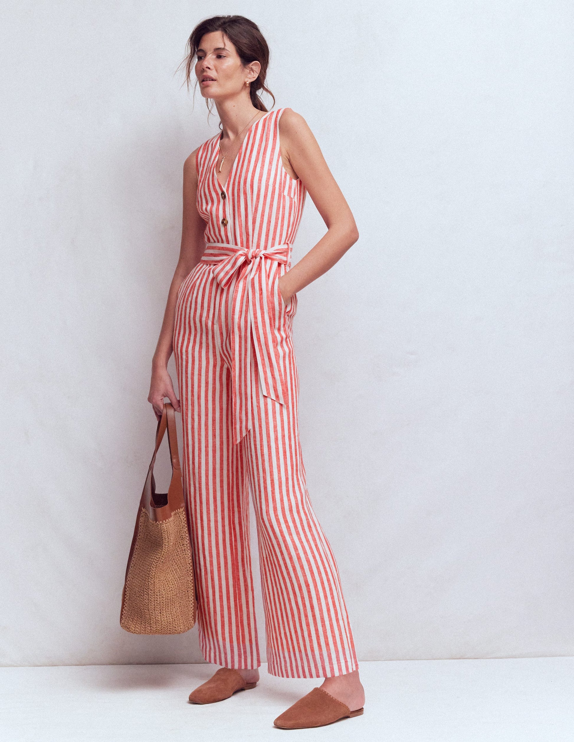 Laura V-neck Linen Jumpsuit-Red, Ivory Stripe-4