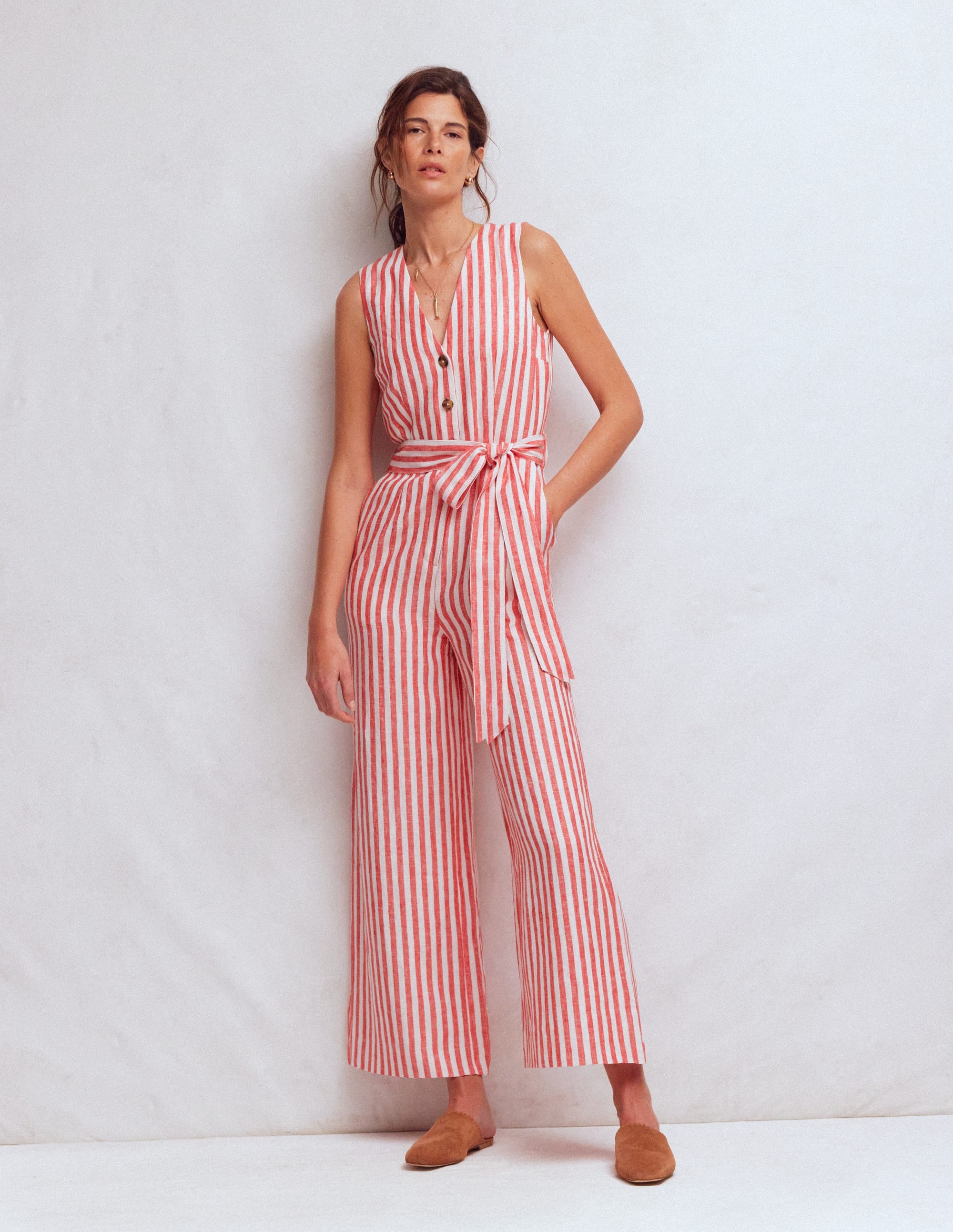 Laura V-neck Linen Jumpsuit-Red, Ivory Stripe - Image 5
