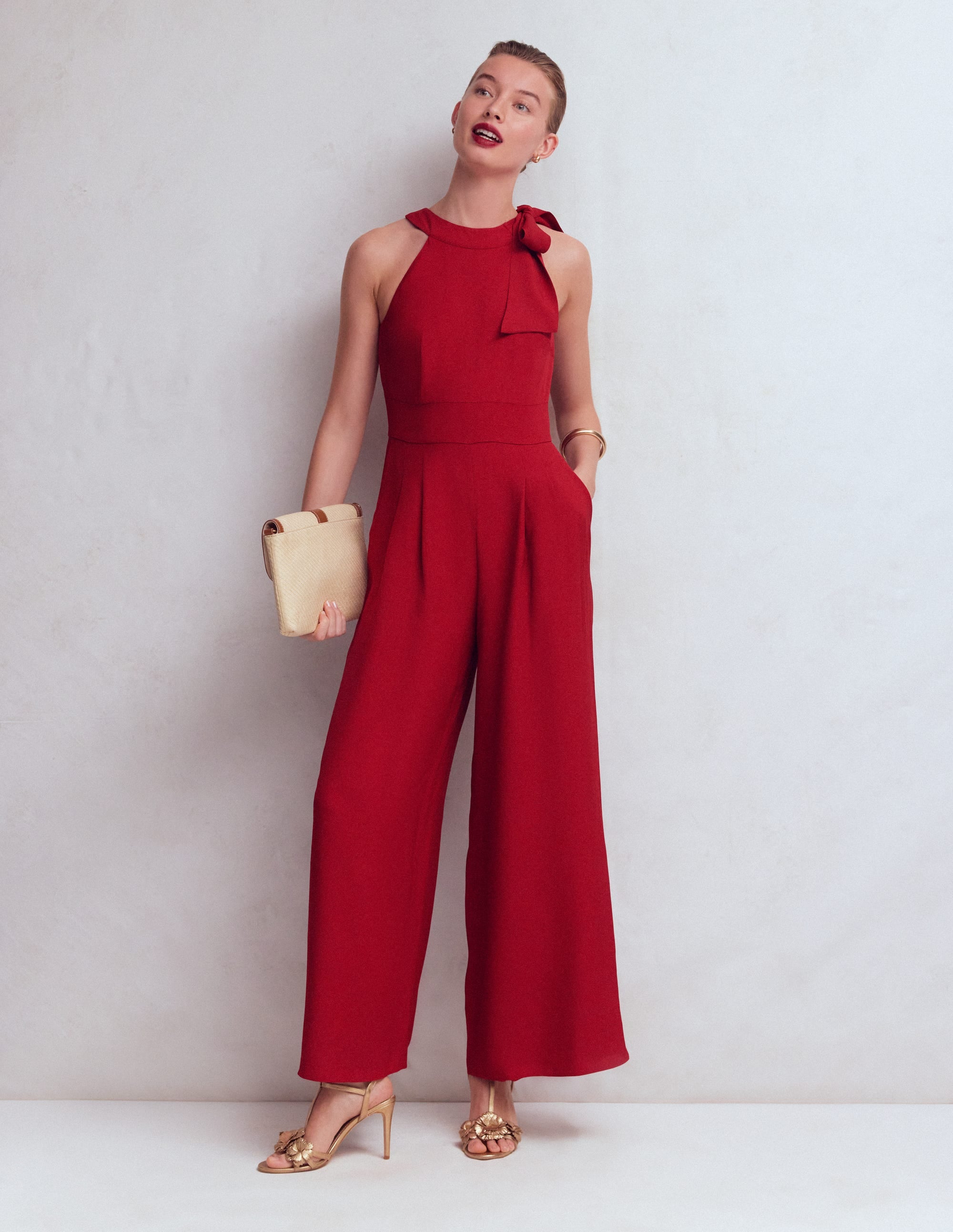 Tie Halter Neck Jumpsuit-Rich Chestnut - Image 1