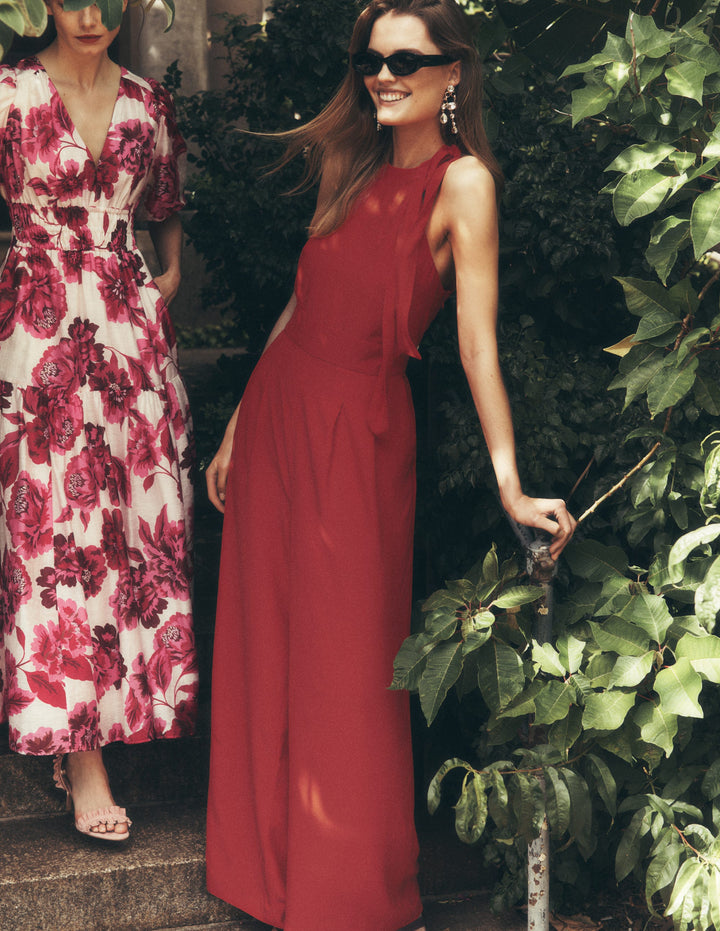 Tie Halter Neck Jumpsuit-Rich Chestnut