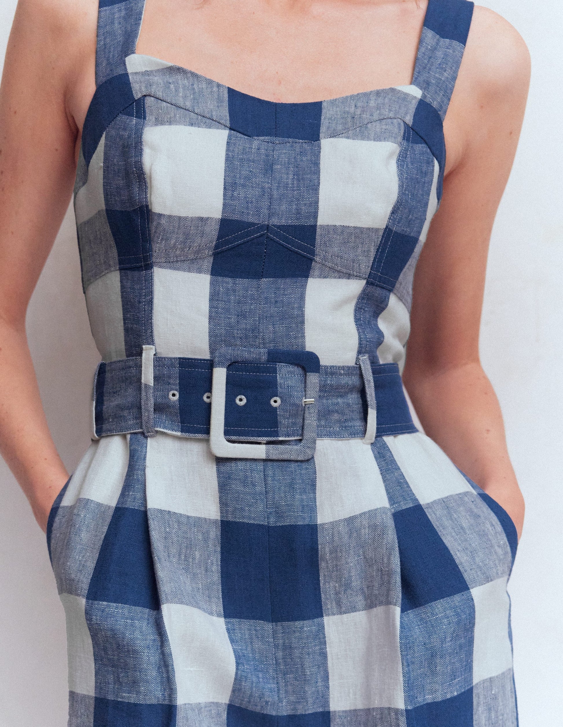 Panelled Bodice Linen Jumpsuit-Denim Blue Gingham-4
