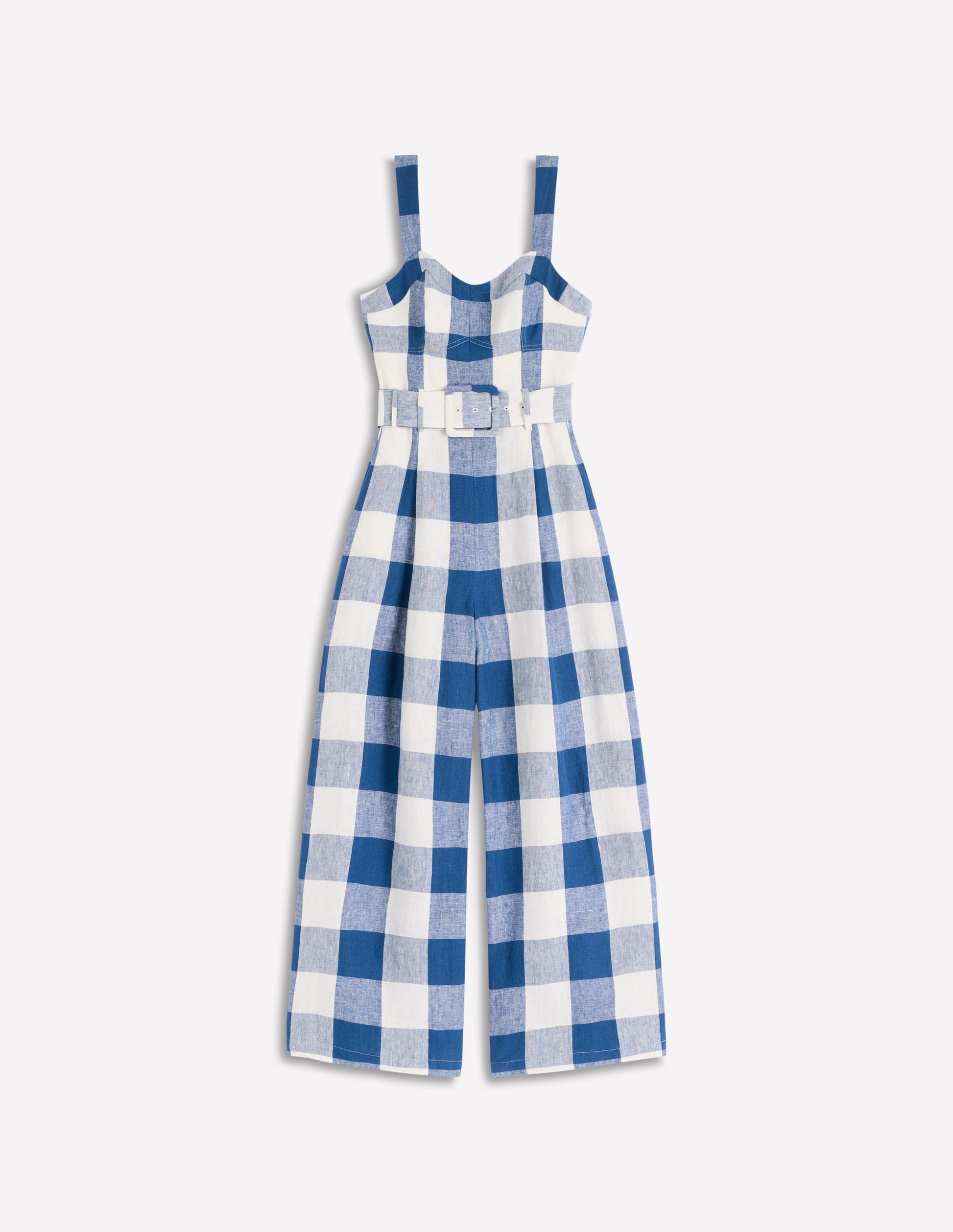 Panelled Bodice Linen Jumpsuit-Denim Blue Gingham-8
