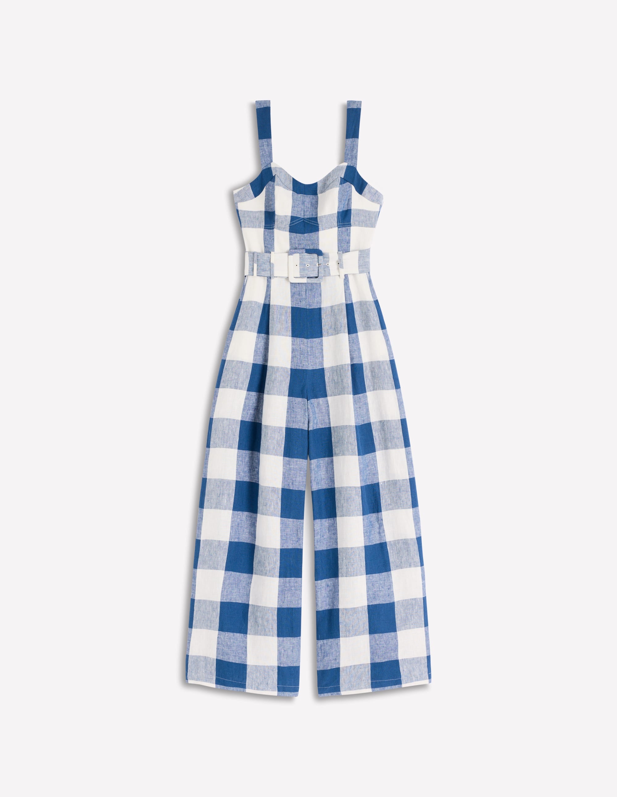 Panelled Bodice Linen Jumpsuit-Denim Blue Gingham - Image 8
