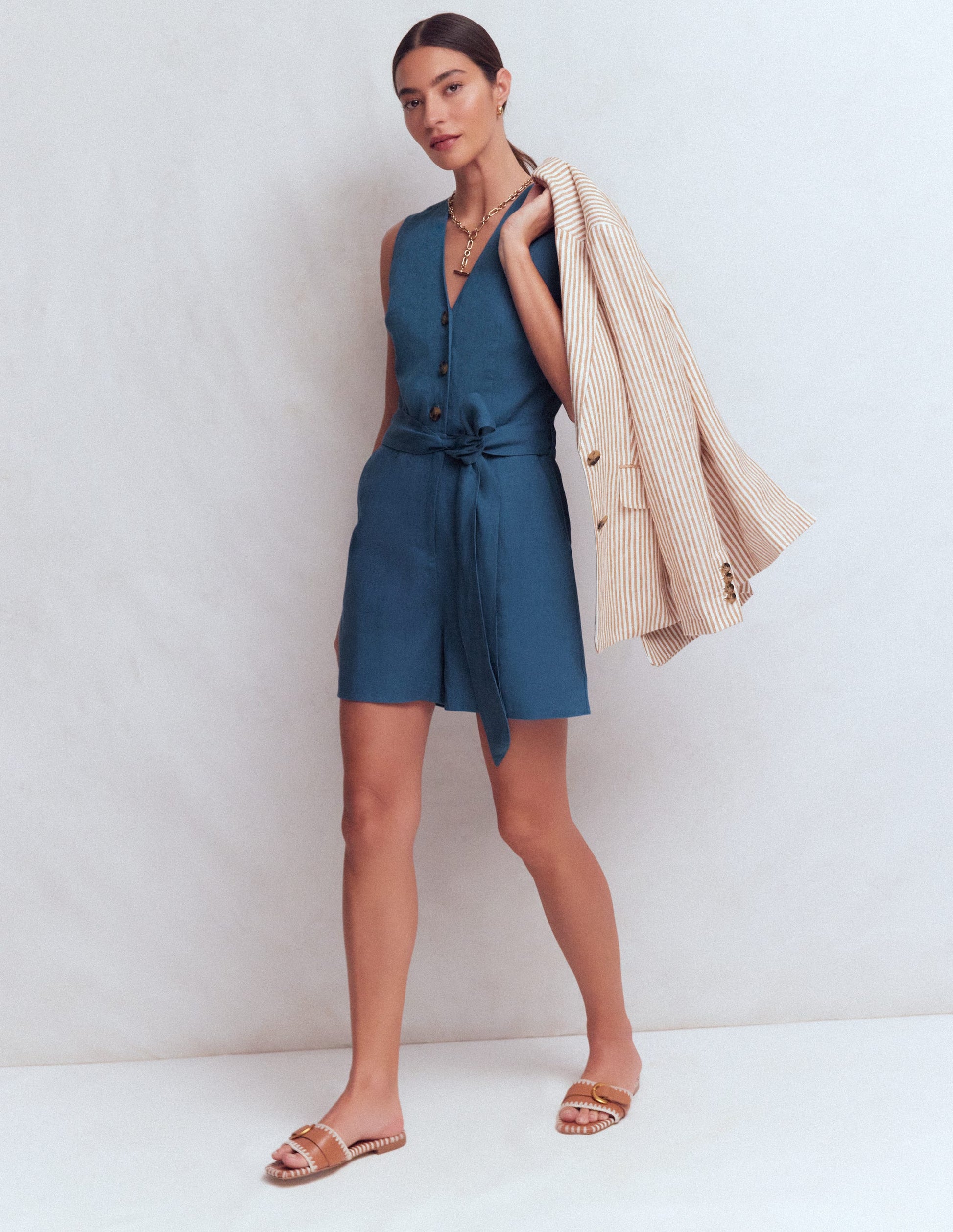 Laura V-neck Linen Playsuit-Tourmaline Blue-1