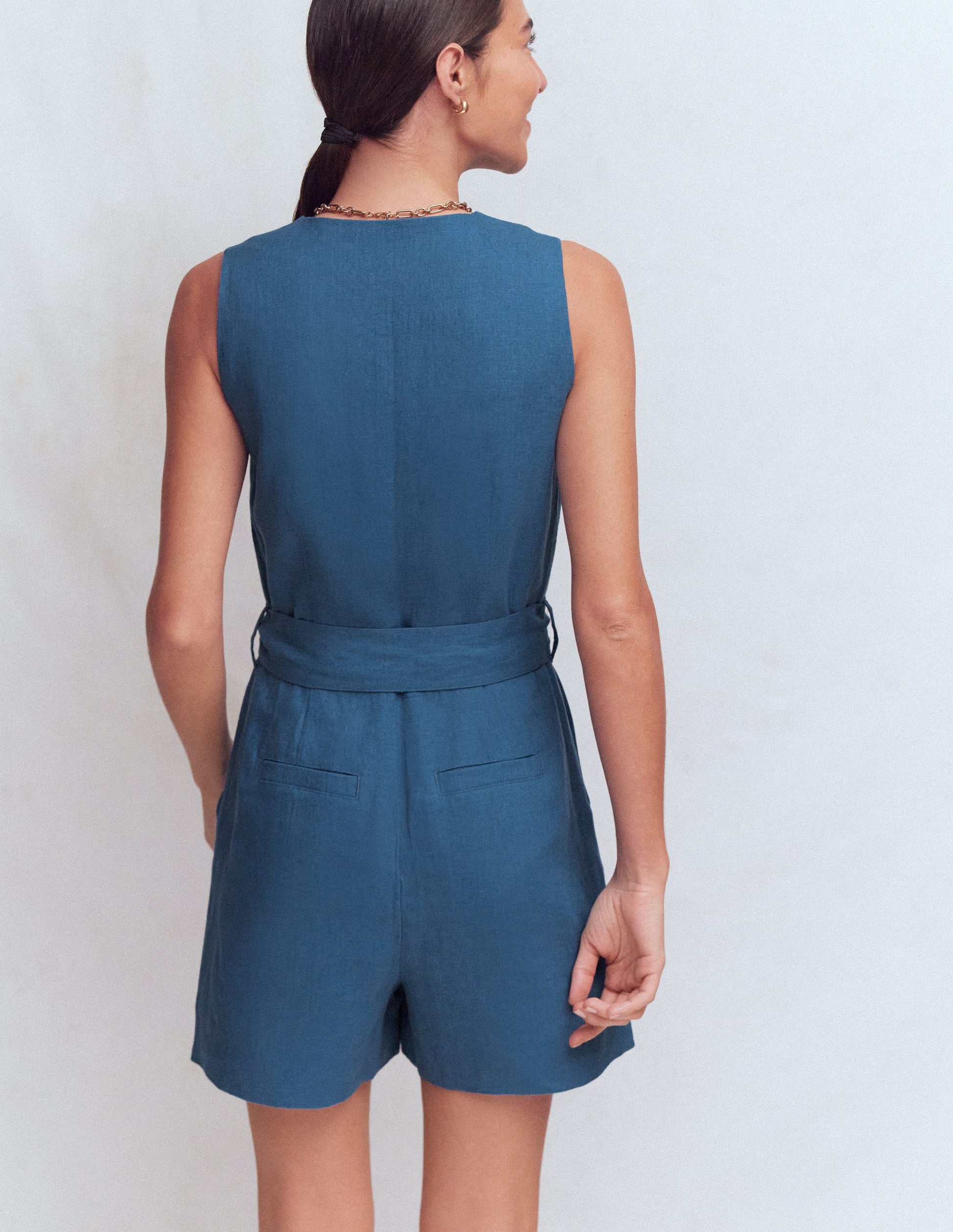 Laura V-neck Linen Playsuit-Tourmaline Blue-3