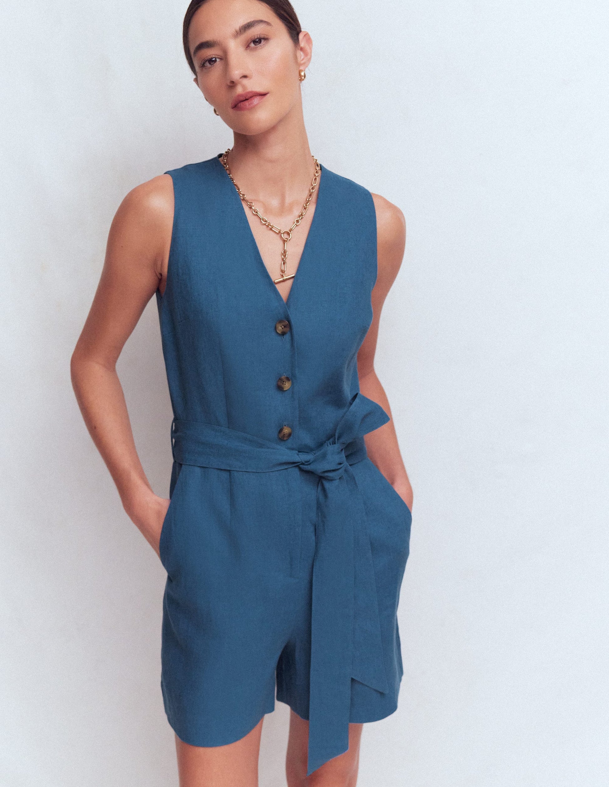 Laura V-neck Linen Playsuit-Tourmaline Blue-4