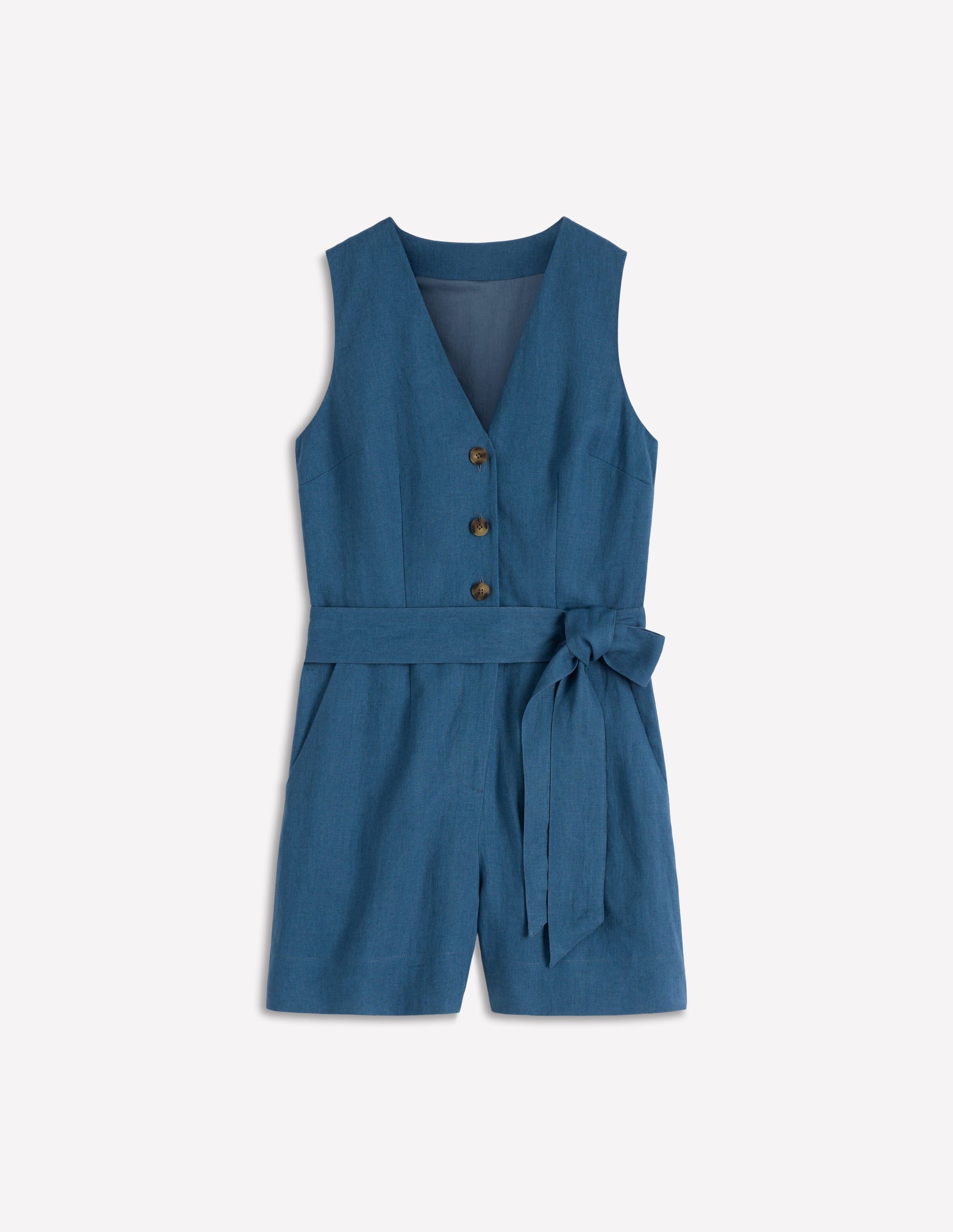 Laura V-neck Linen Playsuit-Tourmaline Blue-5