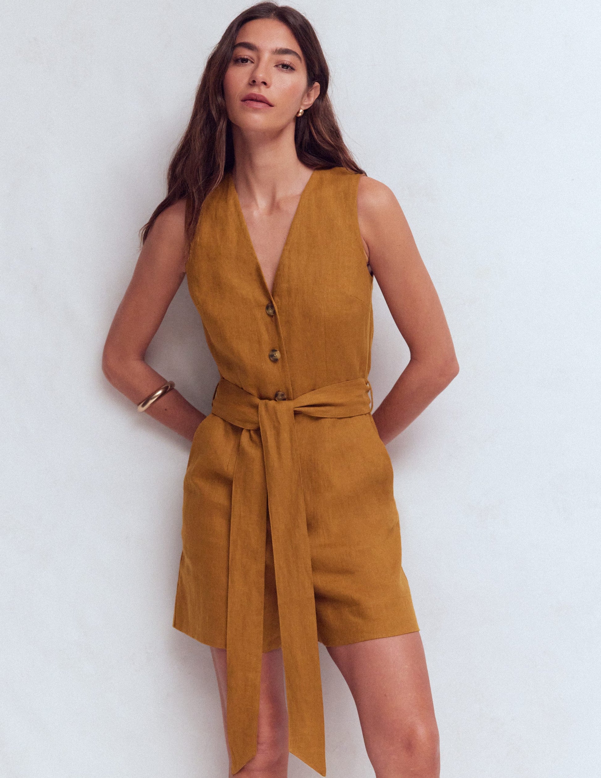 Laura V-neck Linen Playsuit-Gingerbread-1