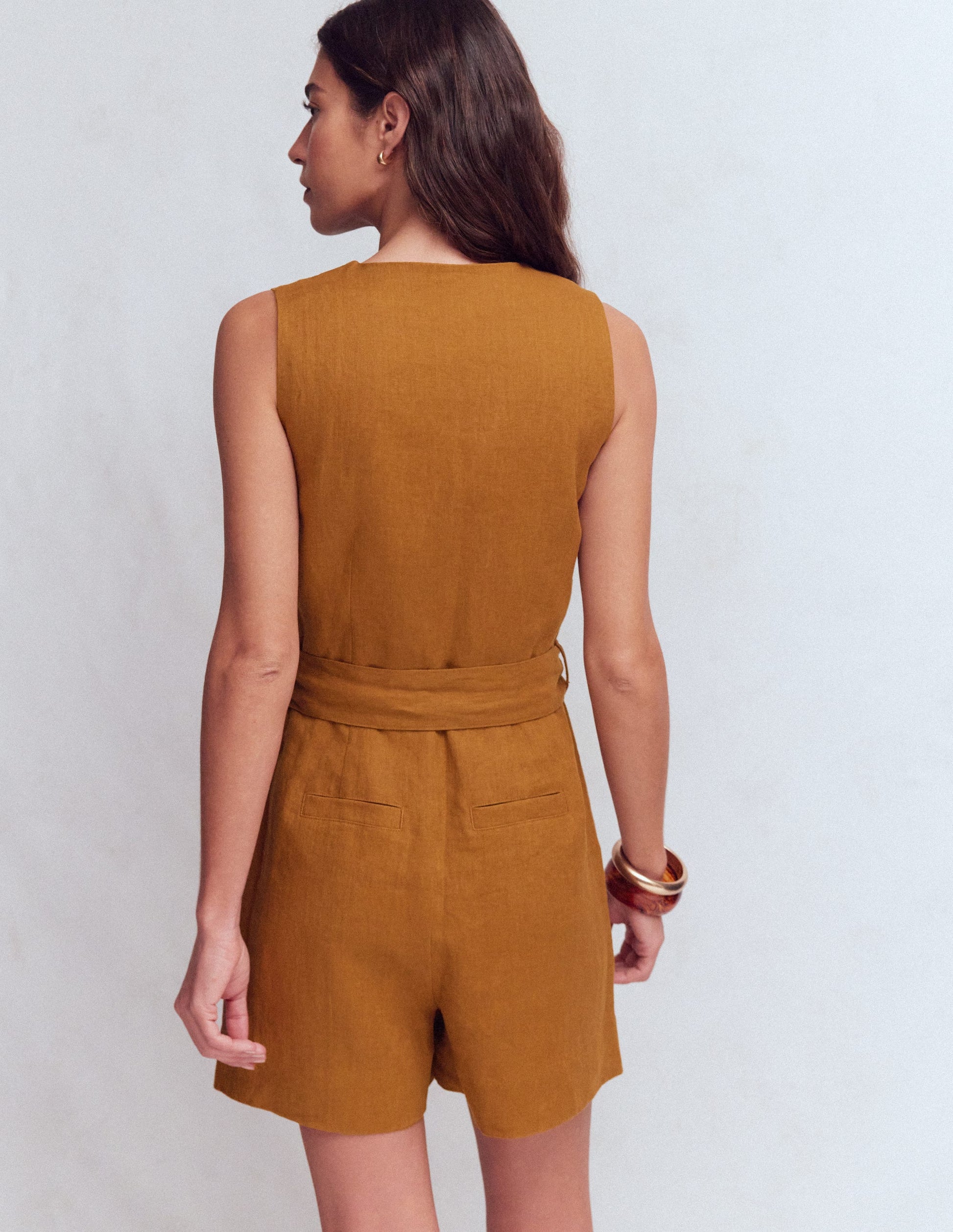 Laura V-neck Linen Playsuit-Gingerbread-3