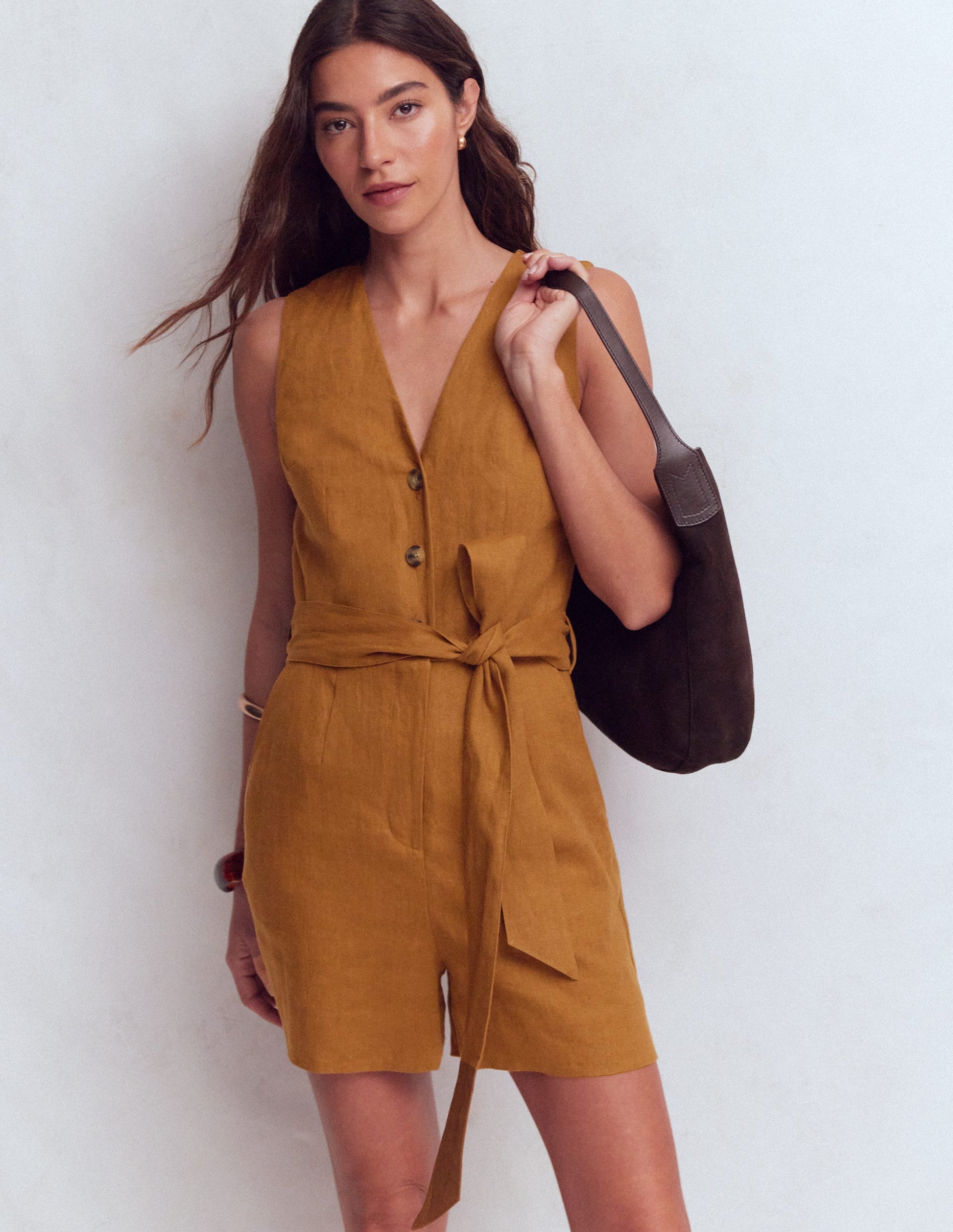 Laura V-neck Linen Playsuit-Gingerbread-5