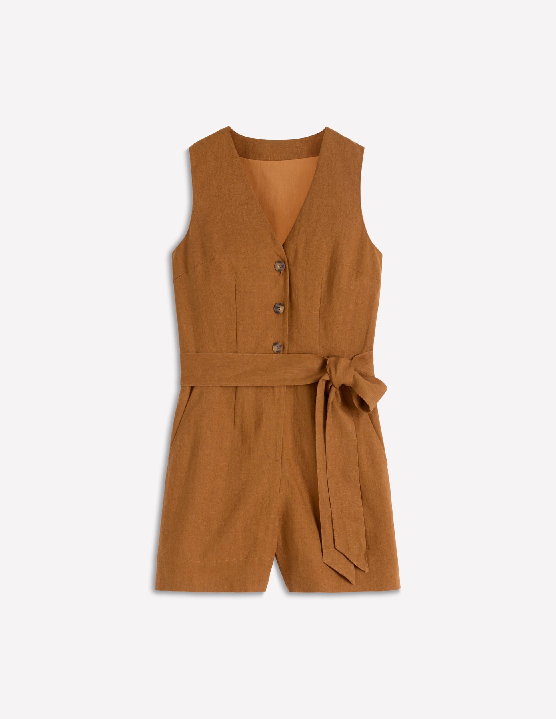 Laura V-neck Linen Playsuit-Gingerbread-6