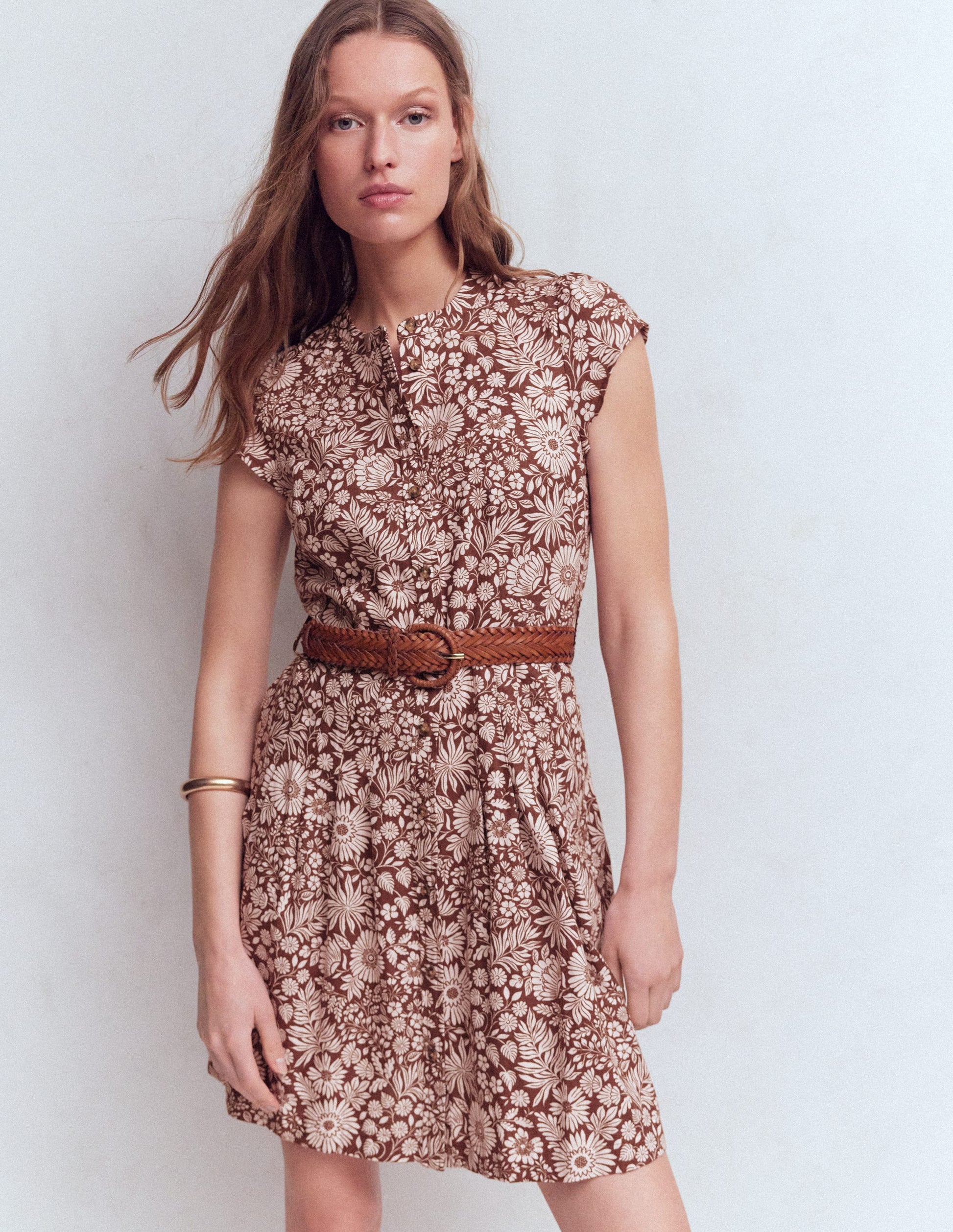 Arabella Short Linen Dress-Brown Flowerbed Bloom-1