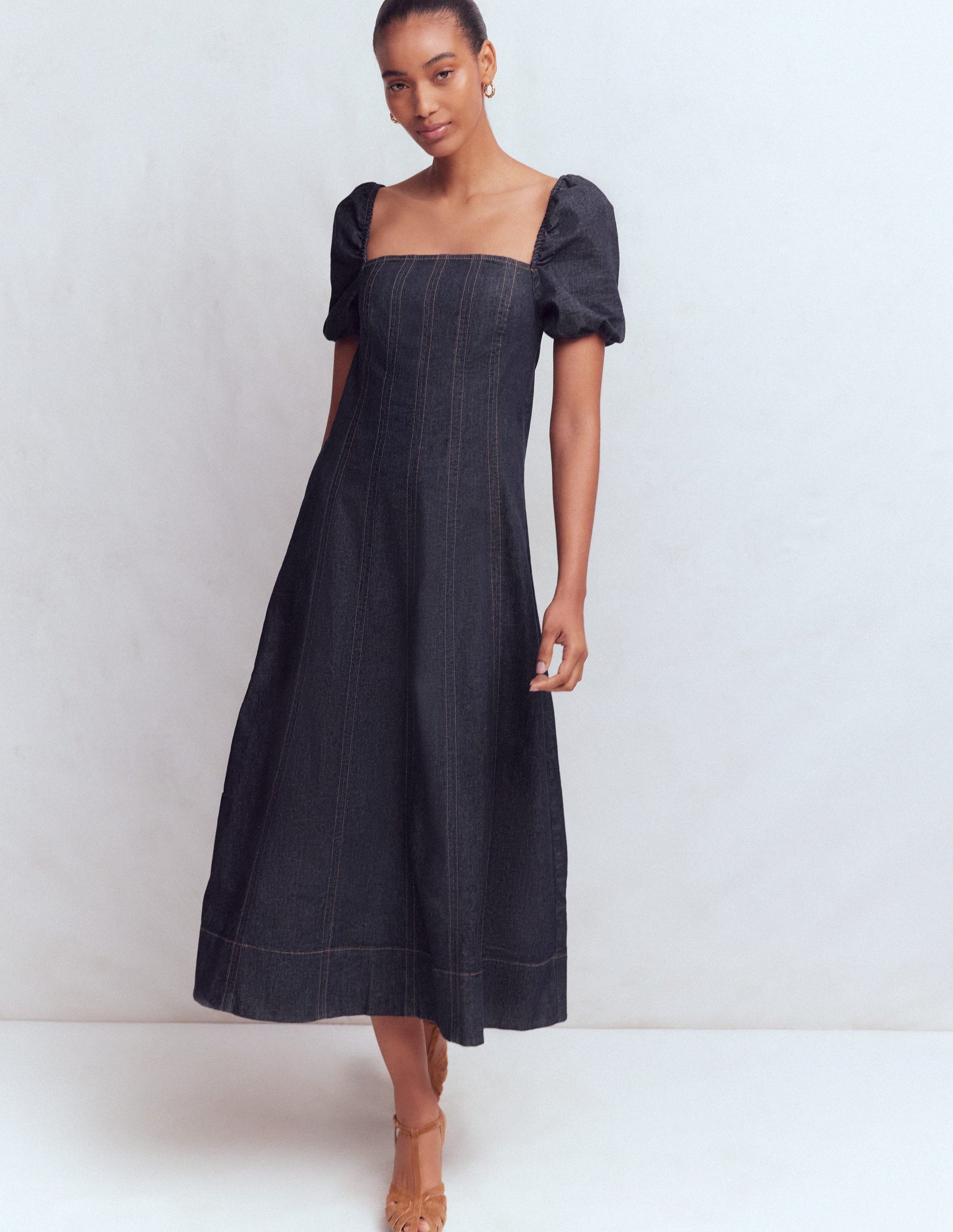 Puff Sleeve Denim Dress-Indigo-5
