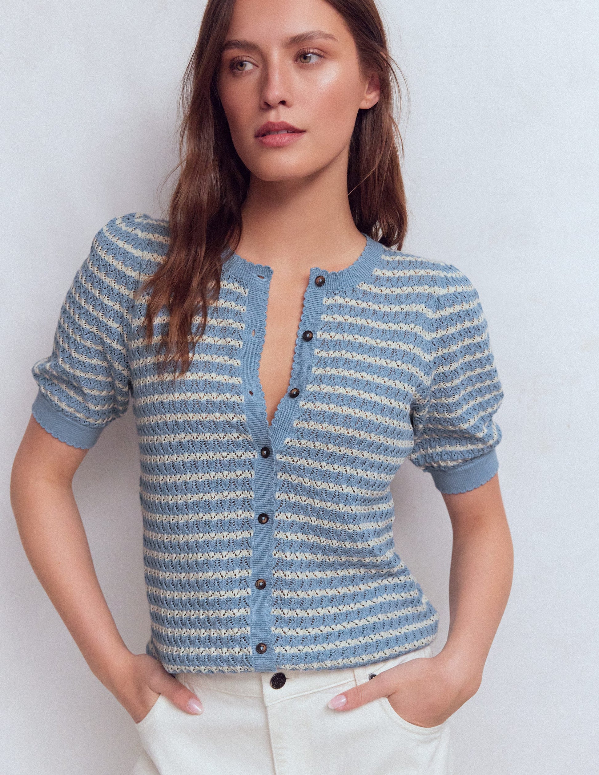 Dot Pointelle Cardigan-Blue Stripe-4