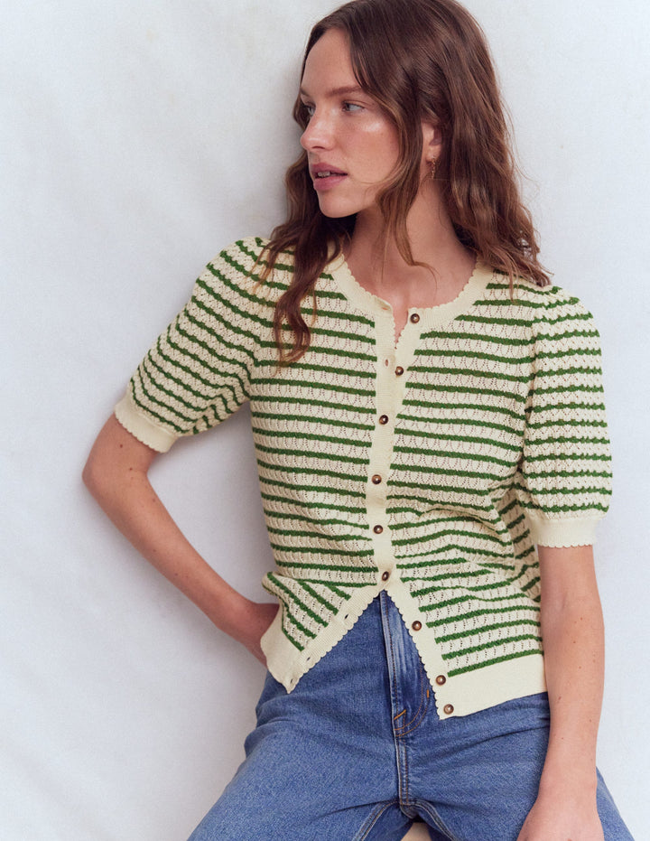 Dot Pointelle Cardigan-Green Stripe