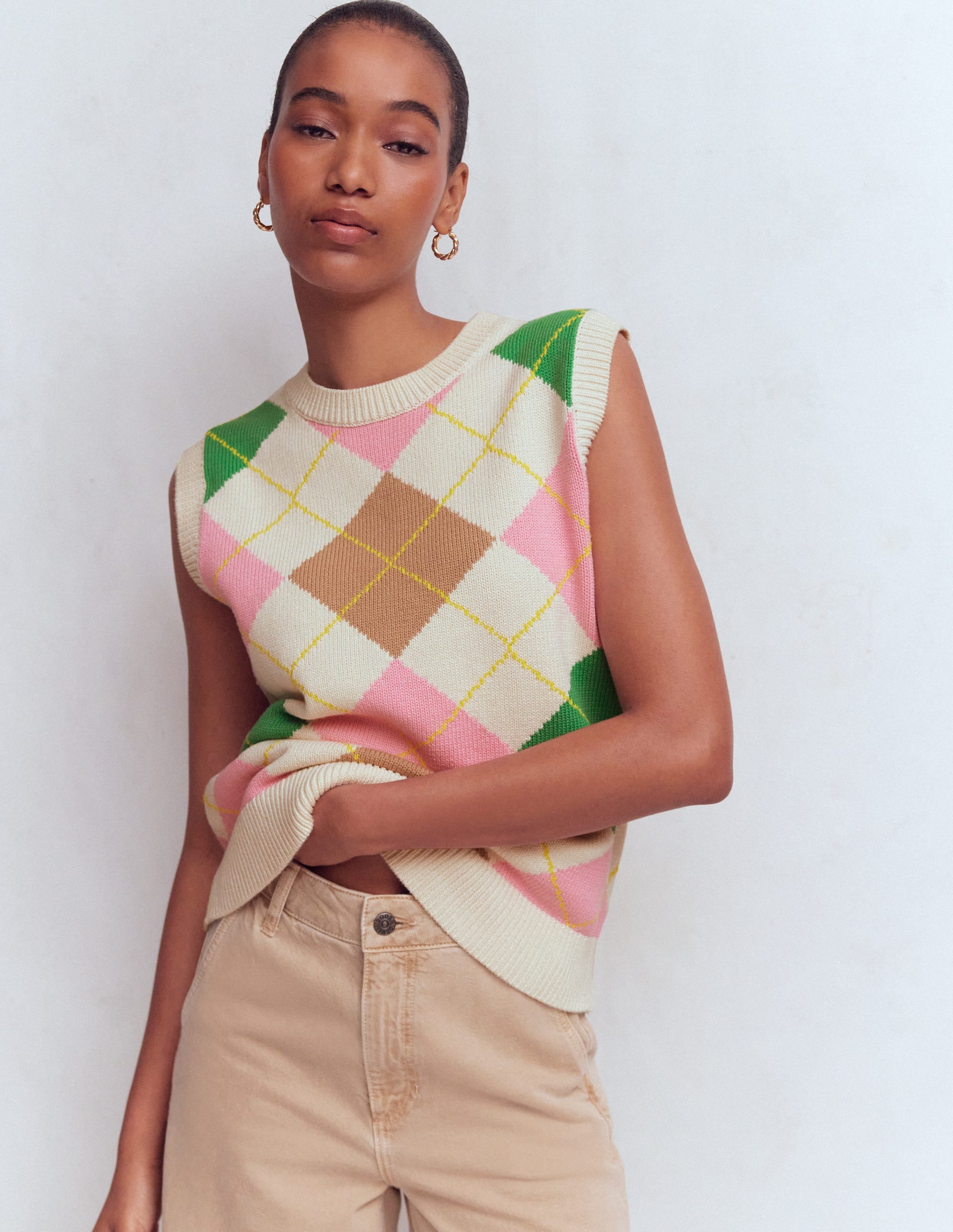 Lucy Cotton Tank-Green, Pink Argyle - Image 1
