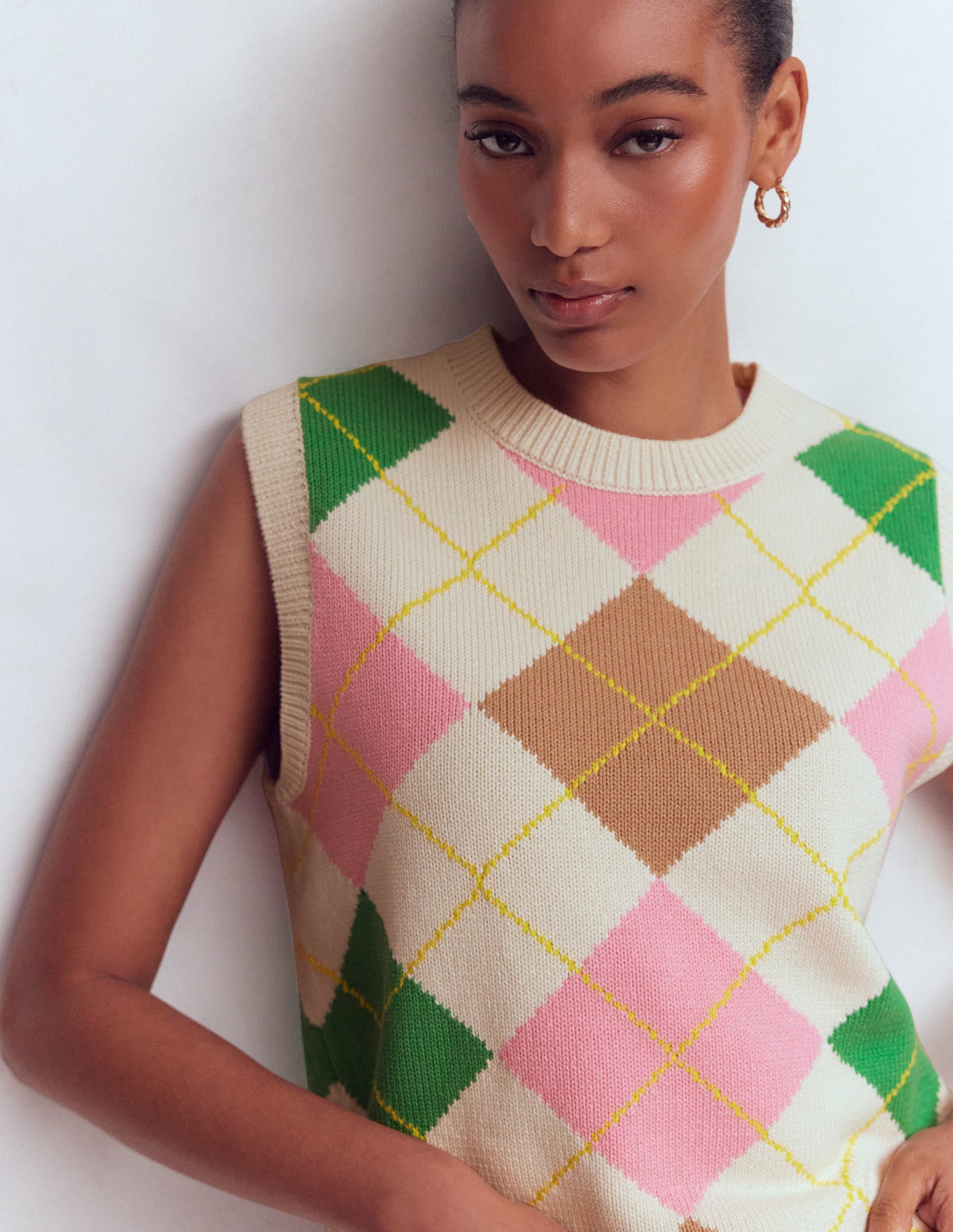 Lucy Cotton Tank-Green, Pink Argyle - Image 2